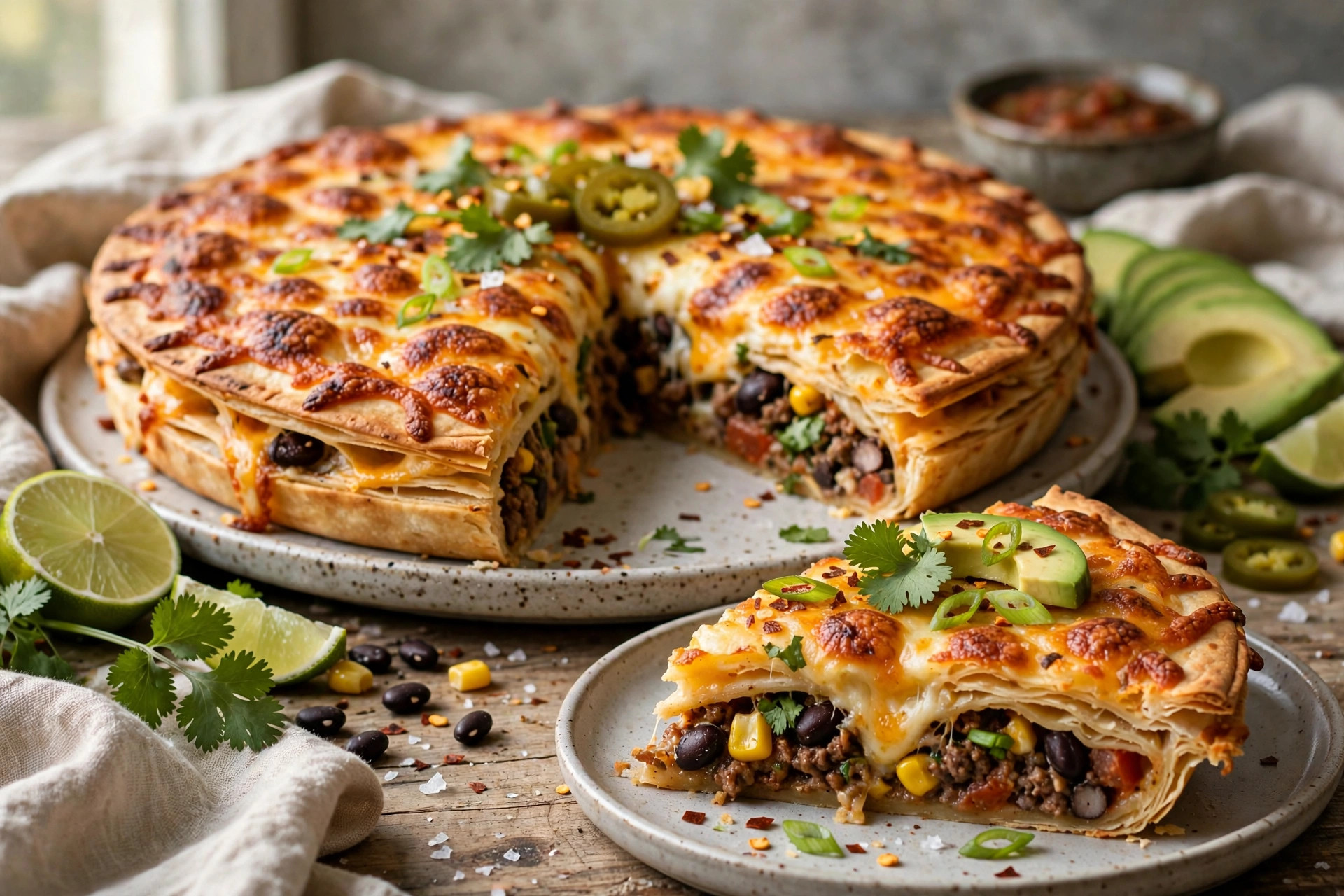 Golden baked cheesy tortilla pie with melted cheese, sliced in a baking dish