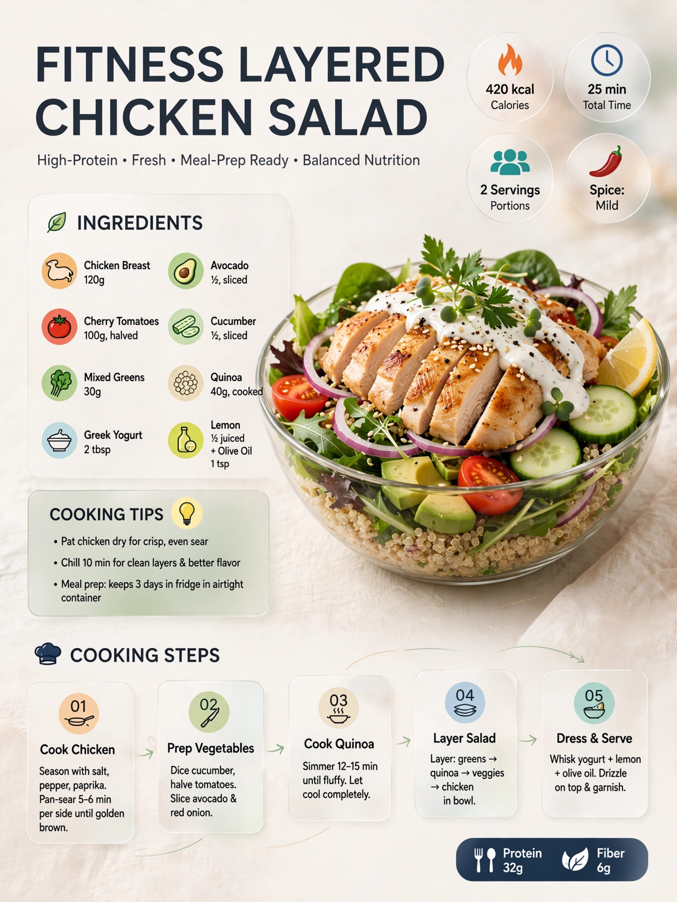 Recipe infographic: Fitness Layered Chicken Salad — ingredients and step-by-step visual guide