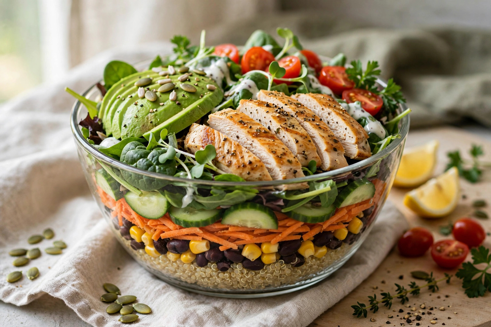 Layered chicken salad with Greek yogurt, diced egg, tomato and grated cheese in a glass bowl