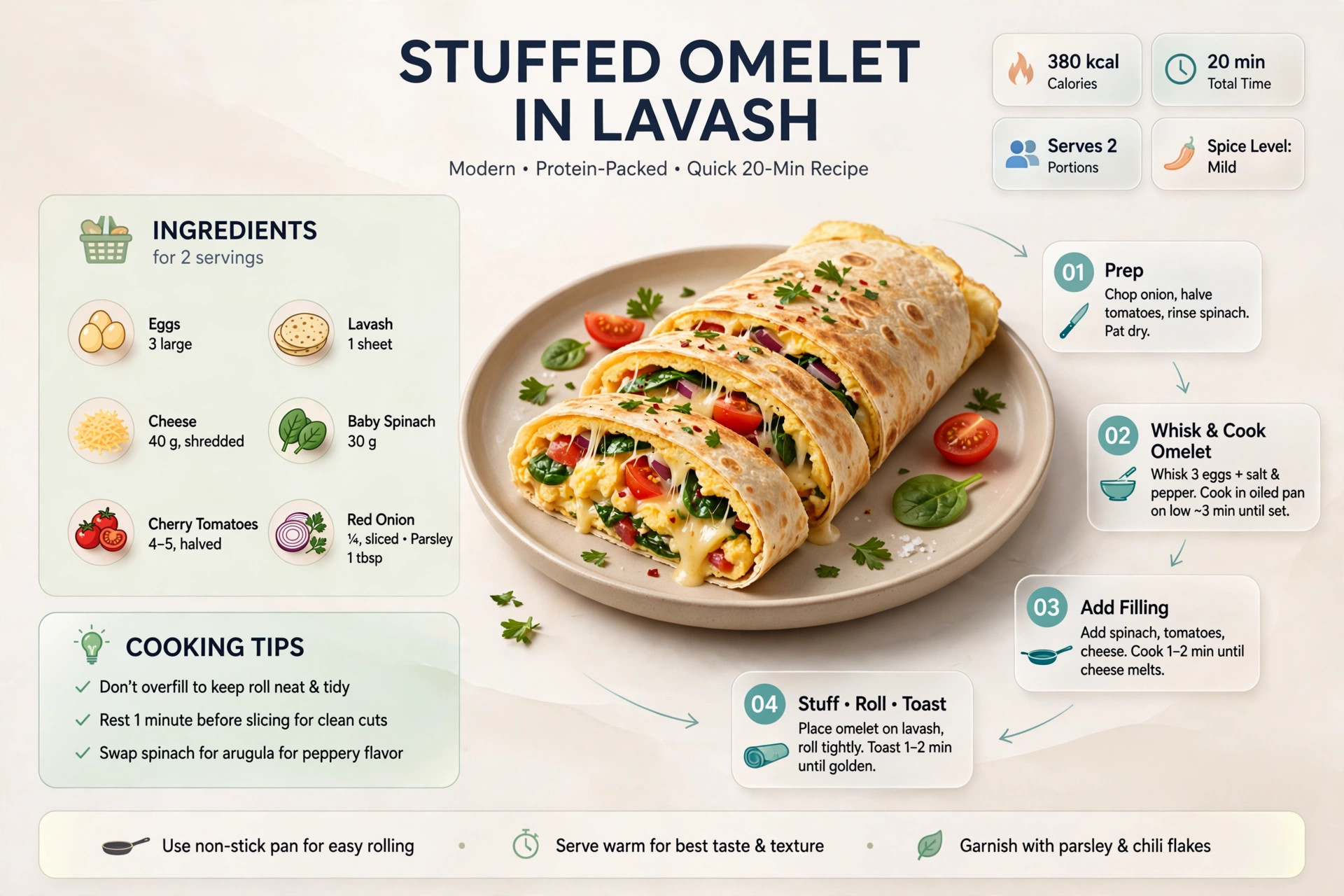 Recipe infographic: Stuffed Omelet in Lavash — ingredients and step-by-step visual guide