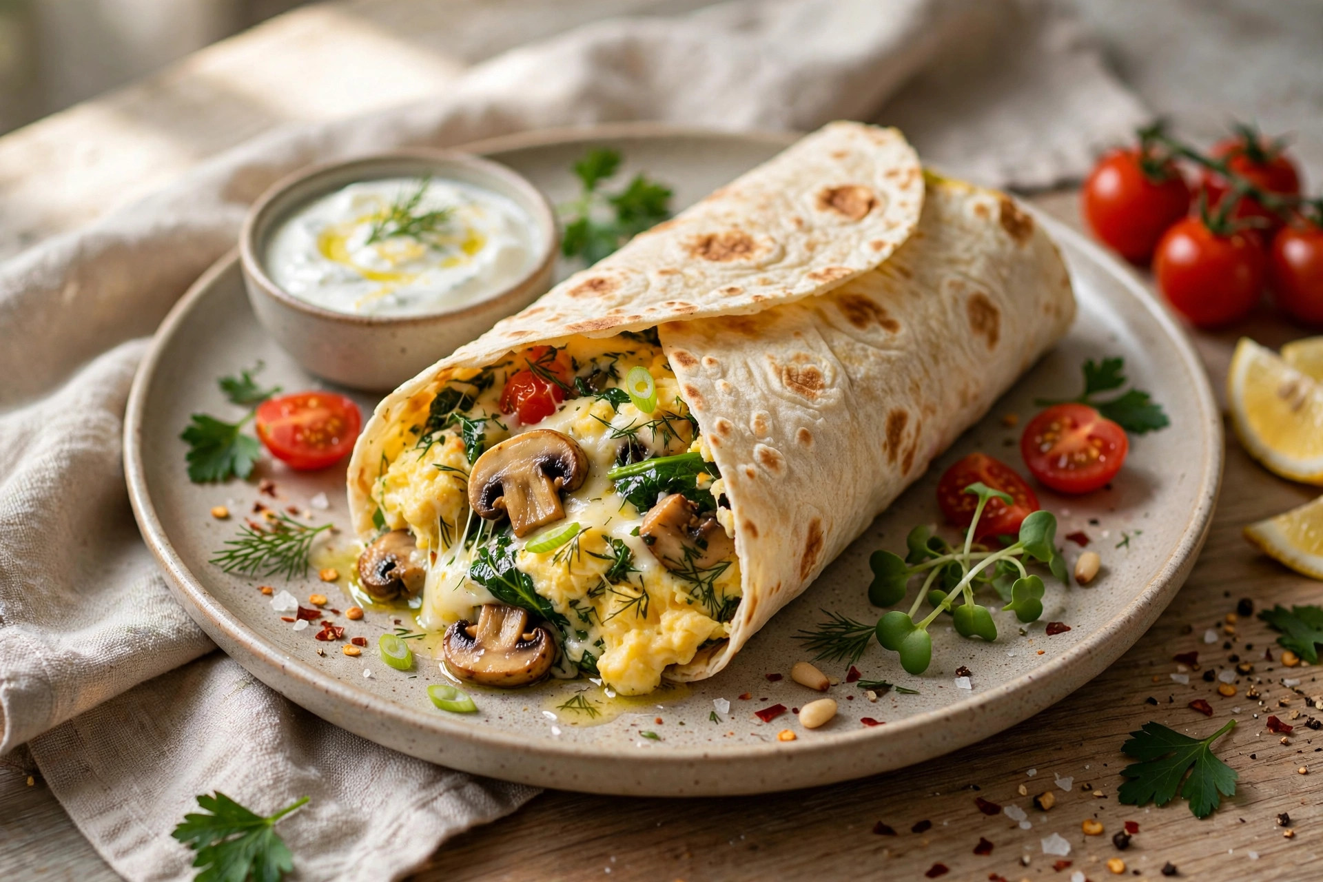 Stuffed omelet in lavash rolled with tomato, mushrooms and melted cheese