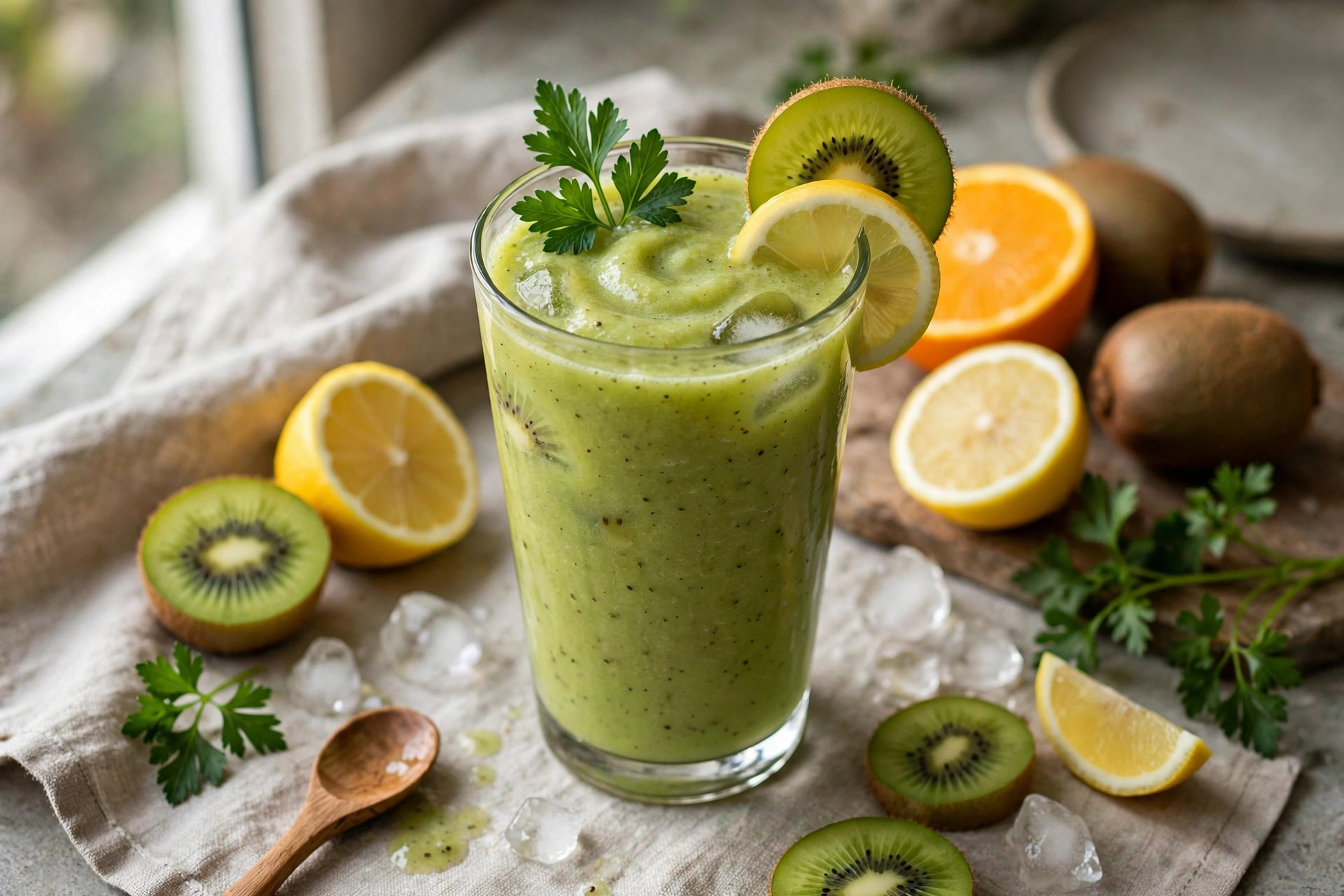 Citrus kiwi smoothie with parsley in a glass, garnished with kiwi and lemon