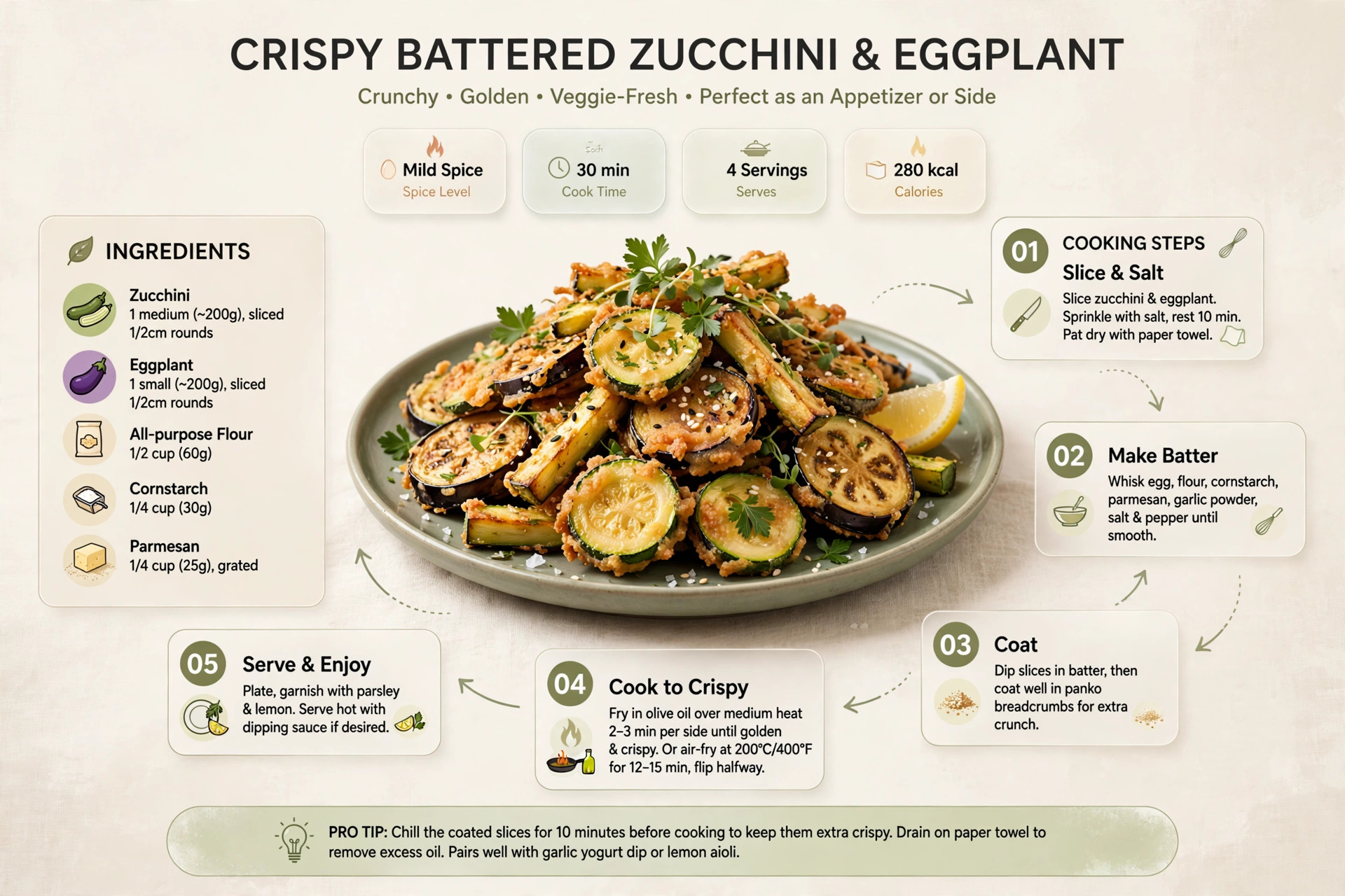 Recipe infographic: Crispy Battered Zucchini and Eggplant — ingredients and step-by-step visual guide
