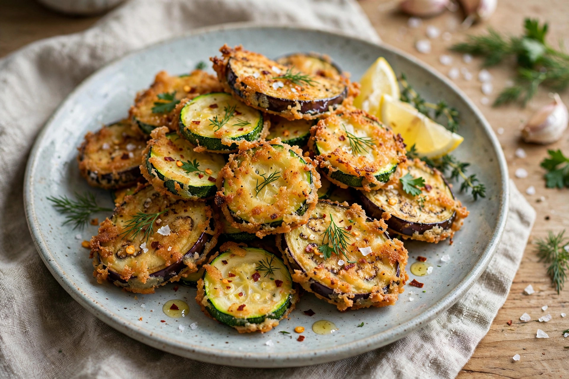 Crispy battered zucchini and eggplant slices with fresh dill