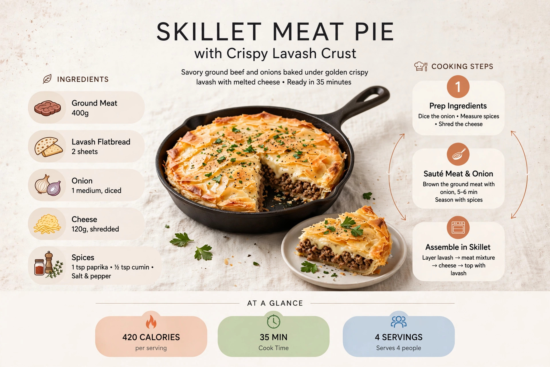 Recipe infographic: Skillet Meat Pie with Crispy Lavash Crust — ingredients and step-by-step visual guide