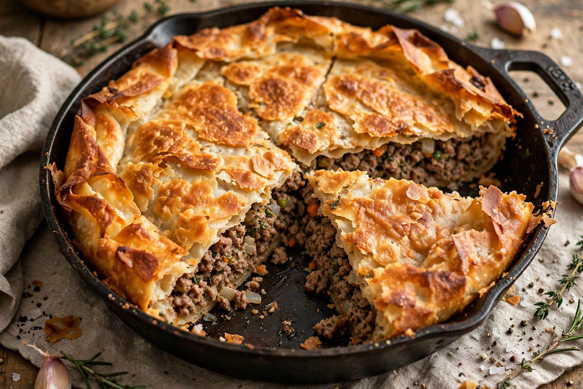 Golden skillet meat pie with crispy lavash strips and melted cheese, sliced in a cast-iron skillet