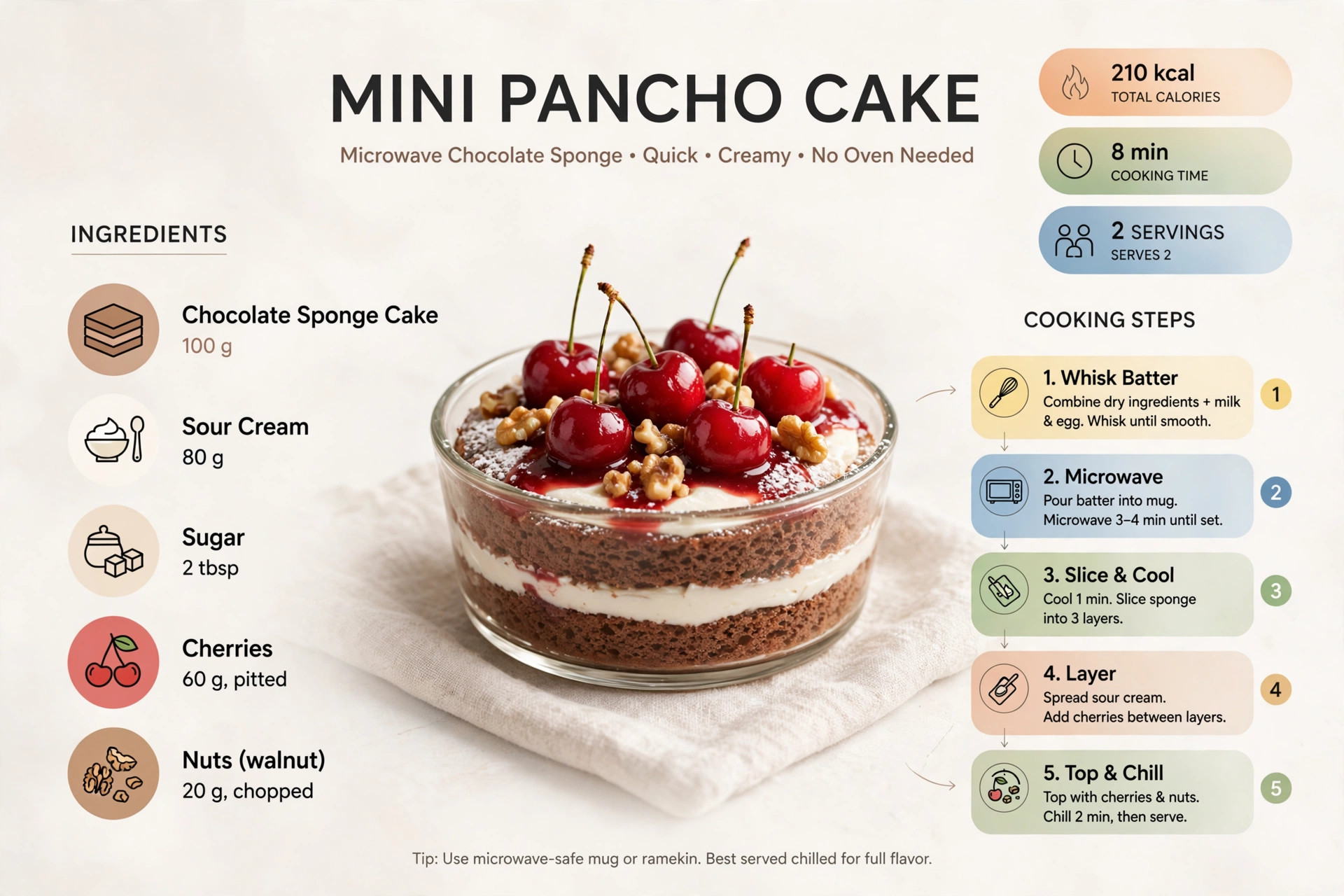 Recipe infographic: Mini Pancho Cake (Microwave Chocolate Sponge) — ingredients and step-by-step visual guide
