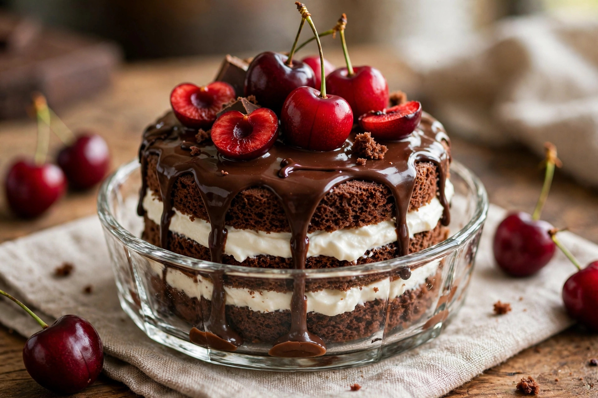 Mini pancho cake with chocolate sponge cubes layered with cream, topped with chocolate drizzle