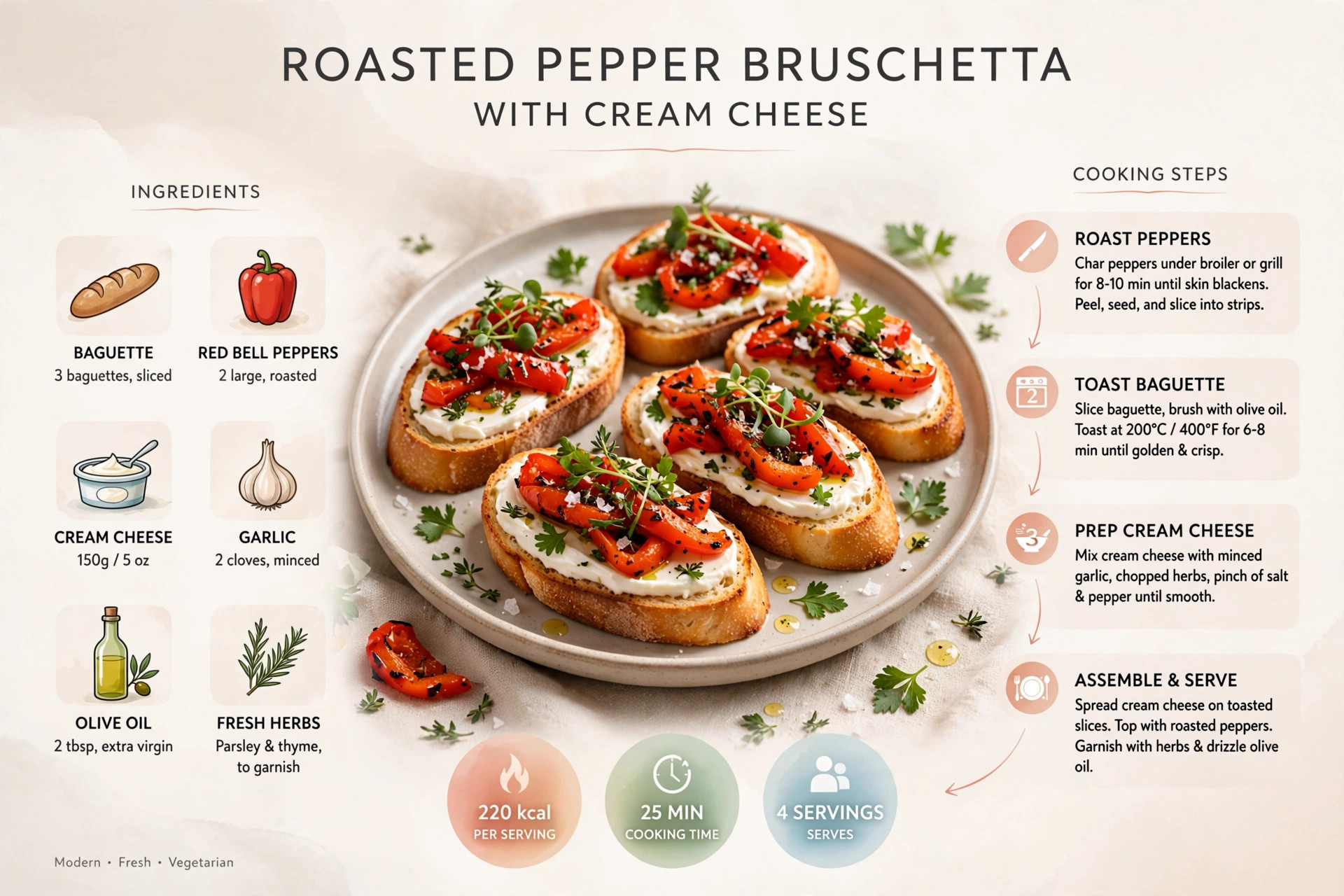 Recipe infographic: Roasted Pepper Bruschetta with Cream Cheese — ingredients and step-by-step visual guide