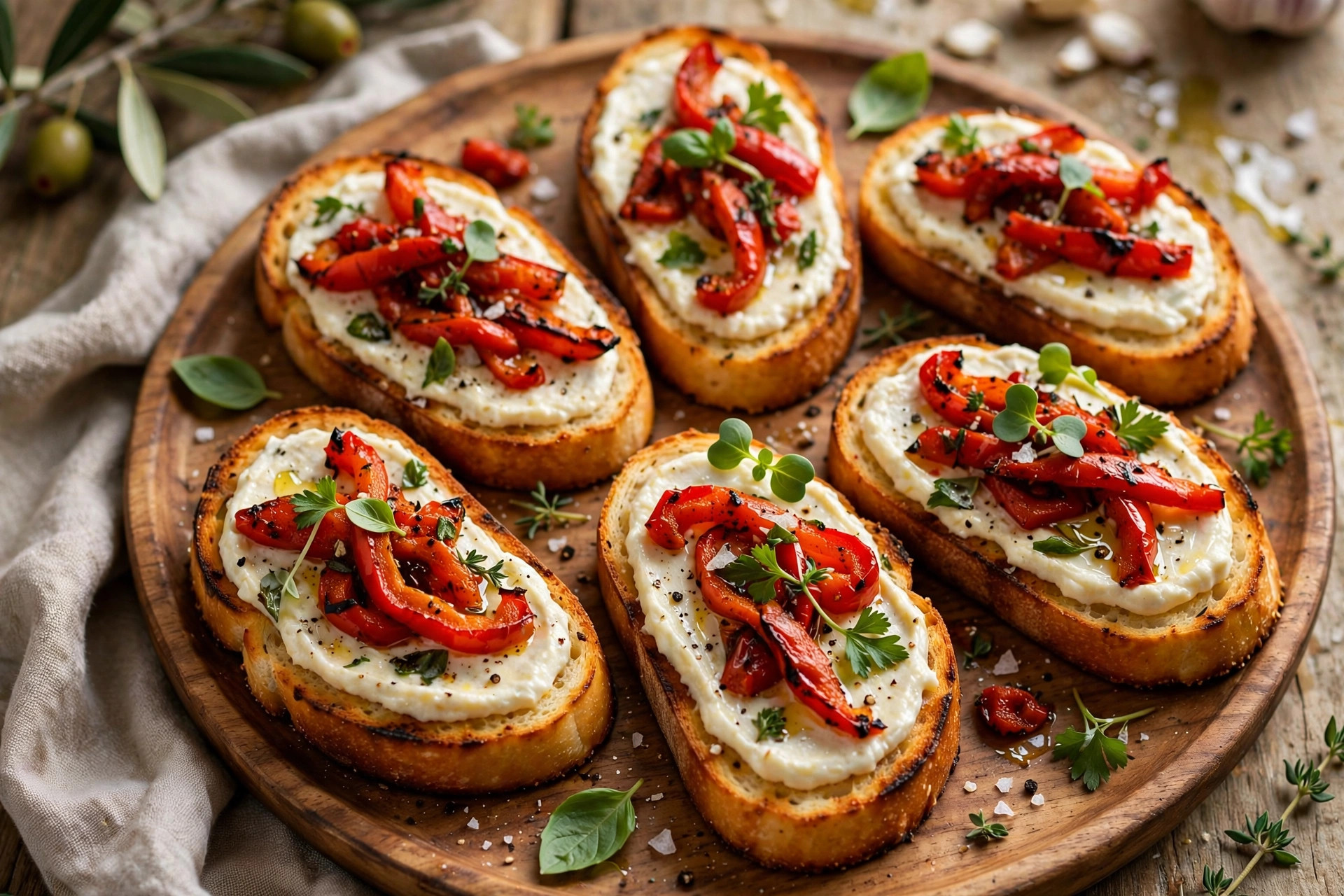 Roasted pepper bruschetta with cream cheese on toasted ciabatta slices, topped with grated parmesan, sun-dried tomatoes, and fresh basil