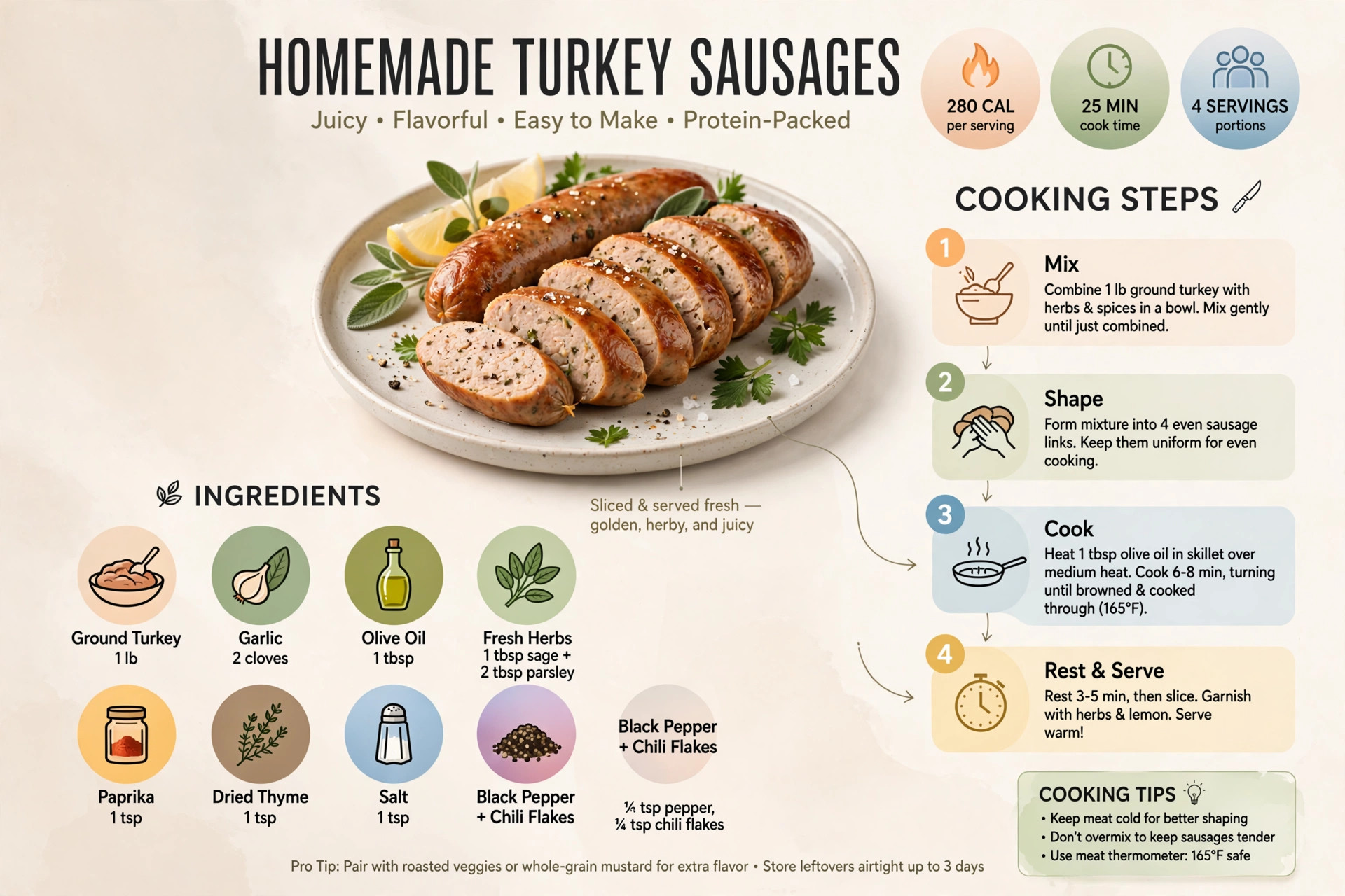 Recipe infographic: Homemade Turkey Sausages — ingredients and step-by-step visual guide