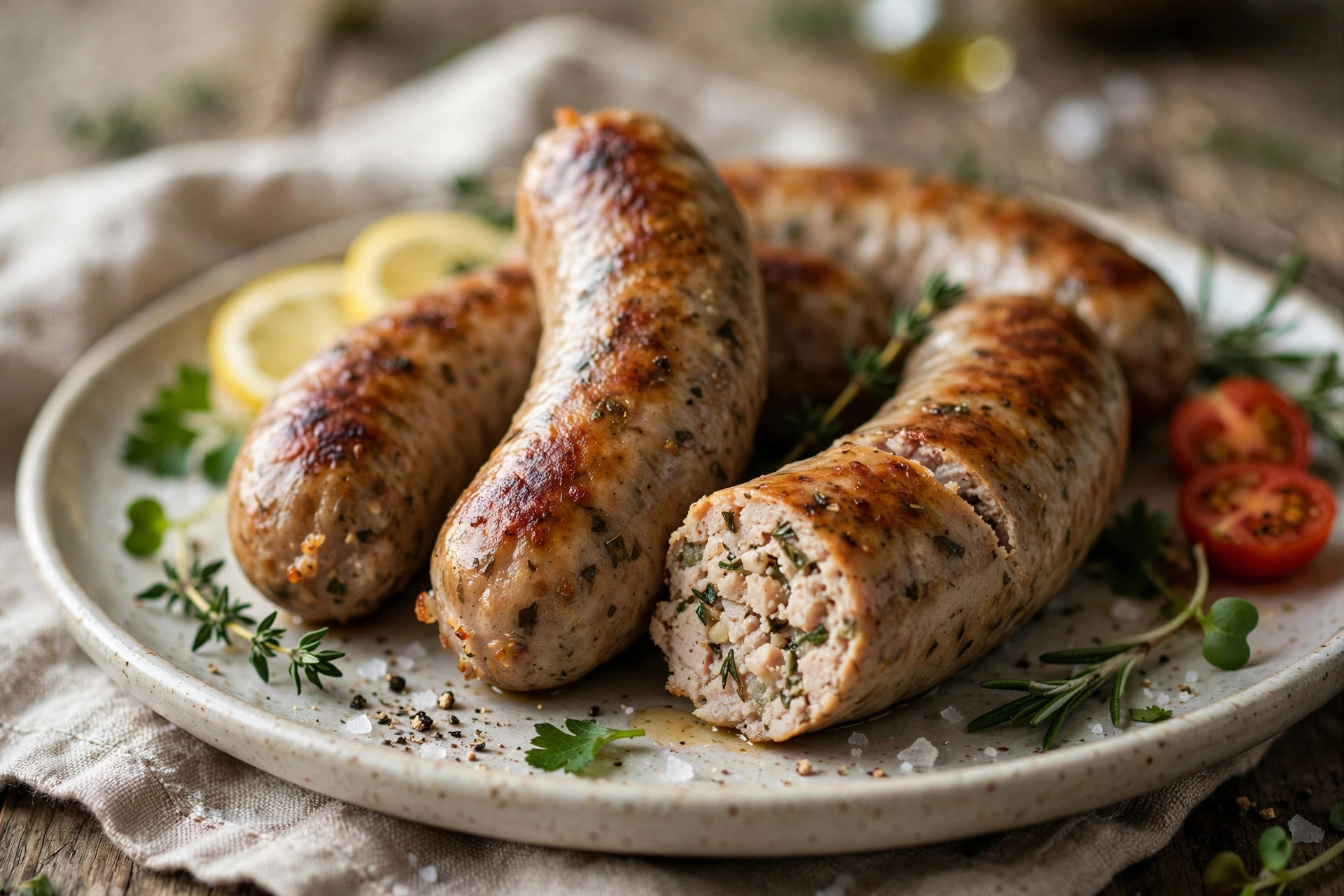 Homemade turkey sausages simmering in water, then pan-fried to a golden crust