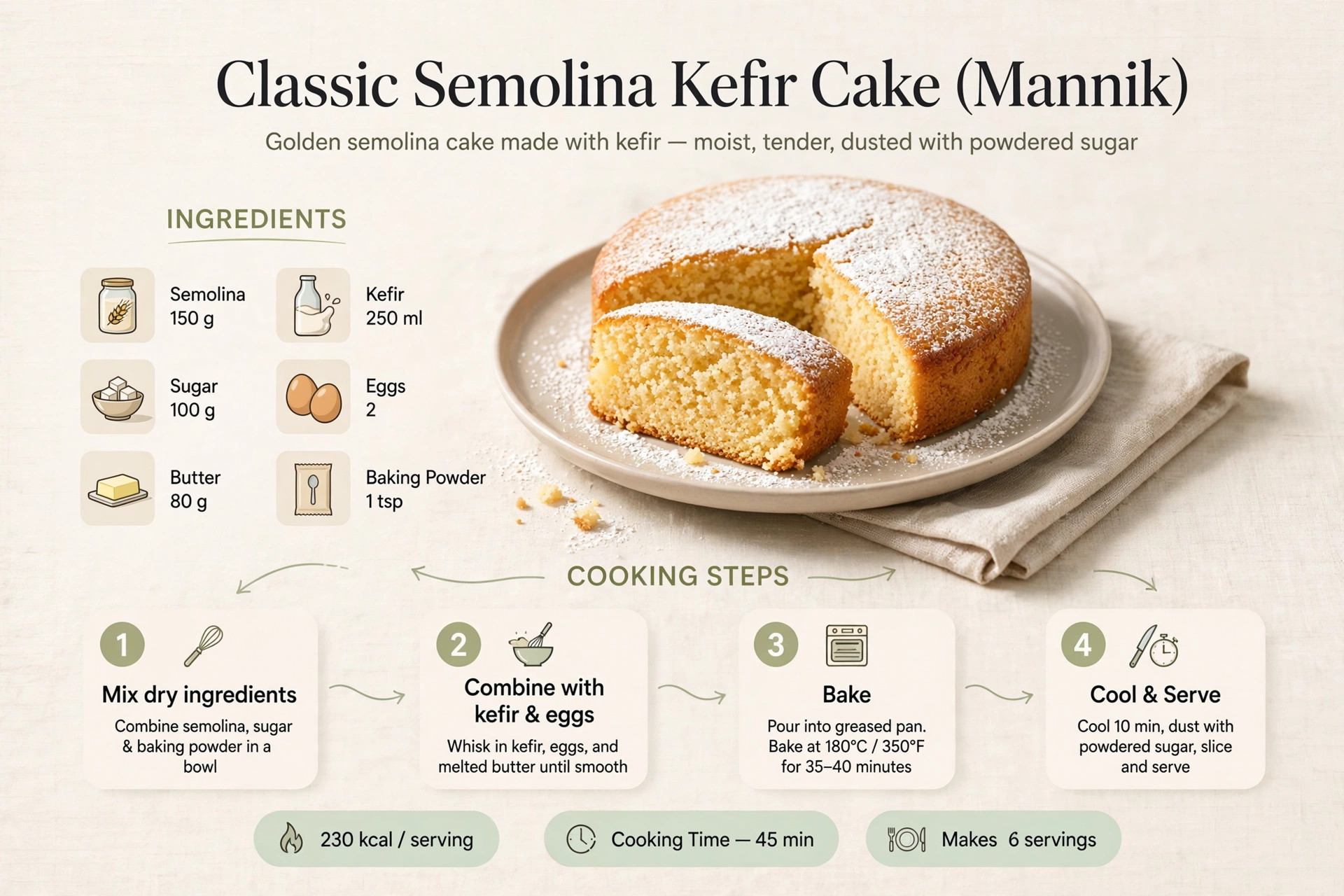 Recipe infographic: Classic Semolina Kefir Cake (Mannik) — ingredients and step-by-step visual guide