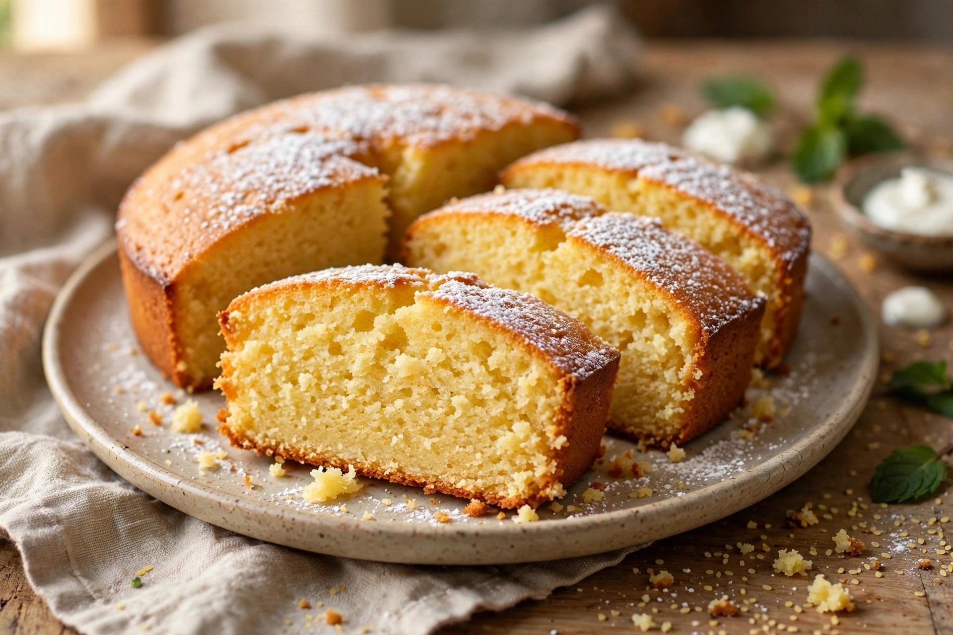 Classic semolina kefir cake (Mannik) — golden round cake sliced and served on a plate