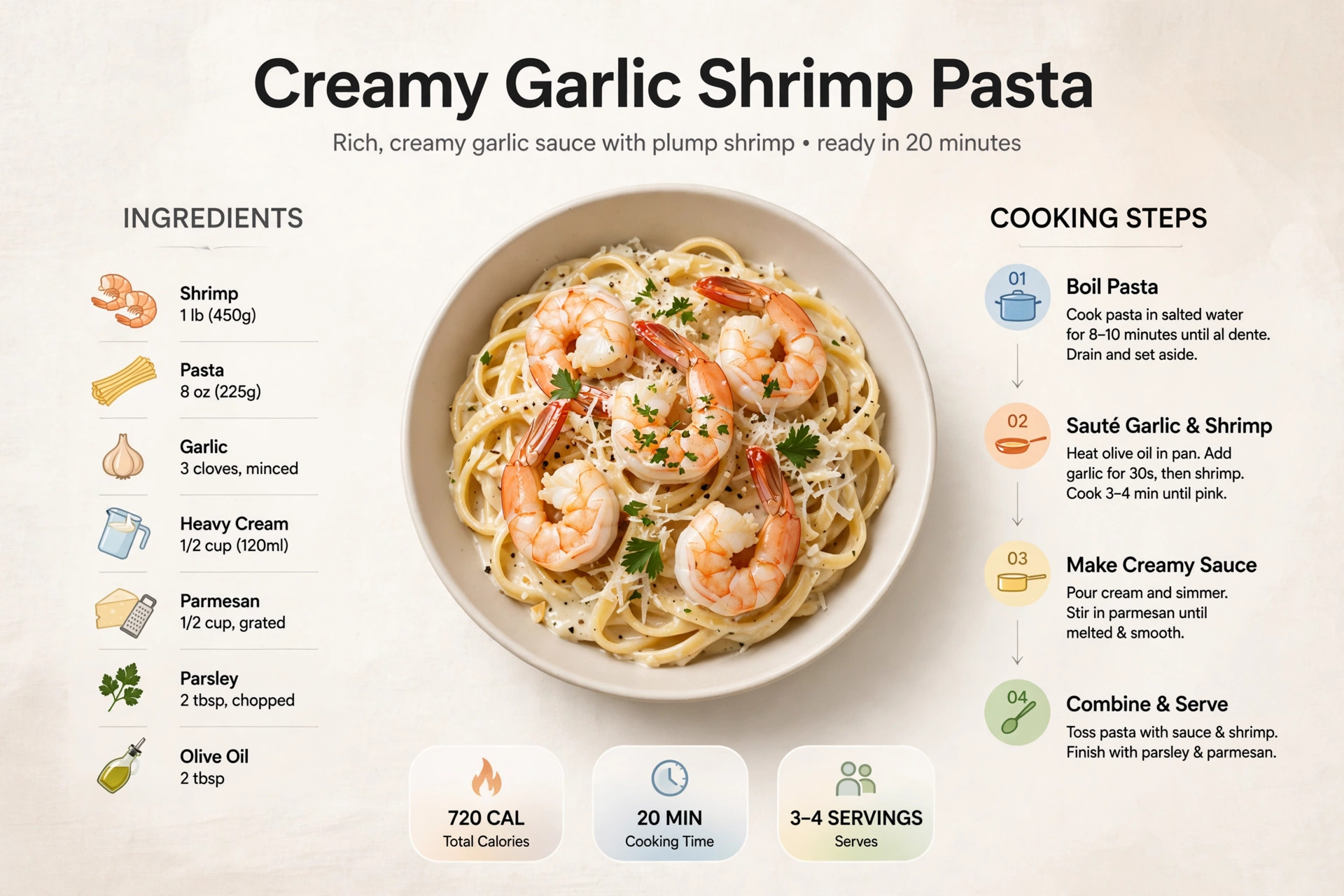 Recipe infographic: Creamy Garlic Shrimp Pasta — ingredients and step-by-step visual guide