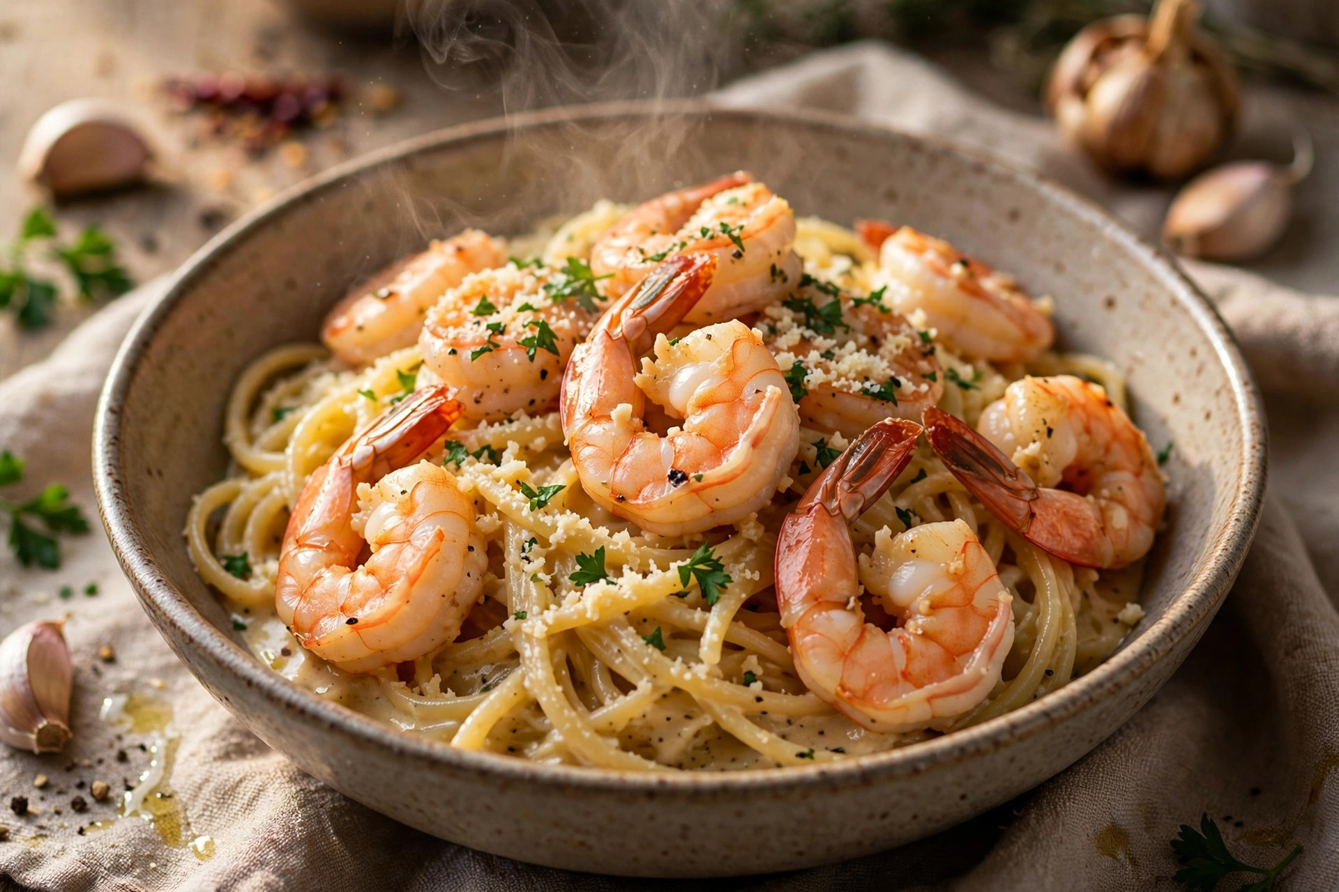 Creamy garlic shrimp pasta tossed in a light parmesan cream sauce, served in a bowl