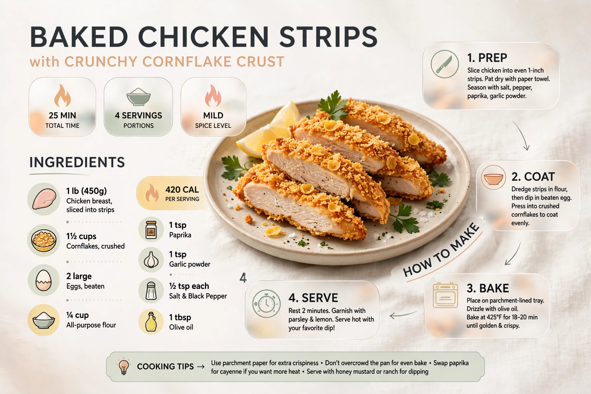 Recipe infographic: Baked Chicken Strips with Cornflake Crust — ingredients and step-by-step visual guide