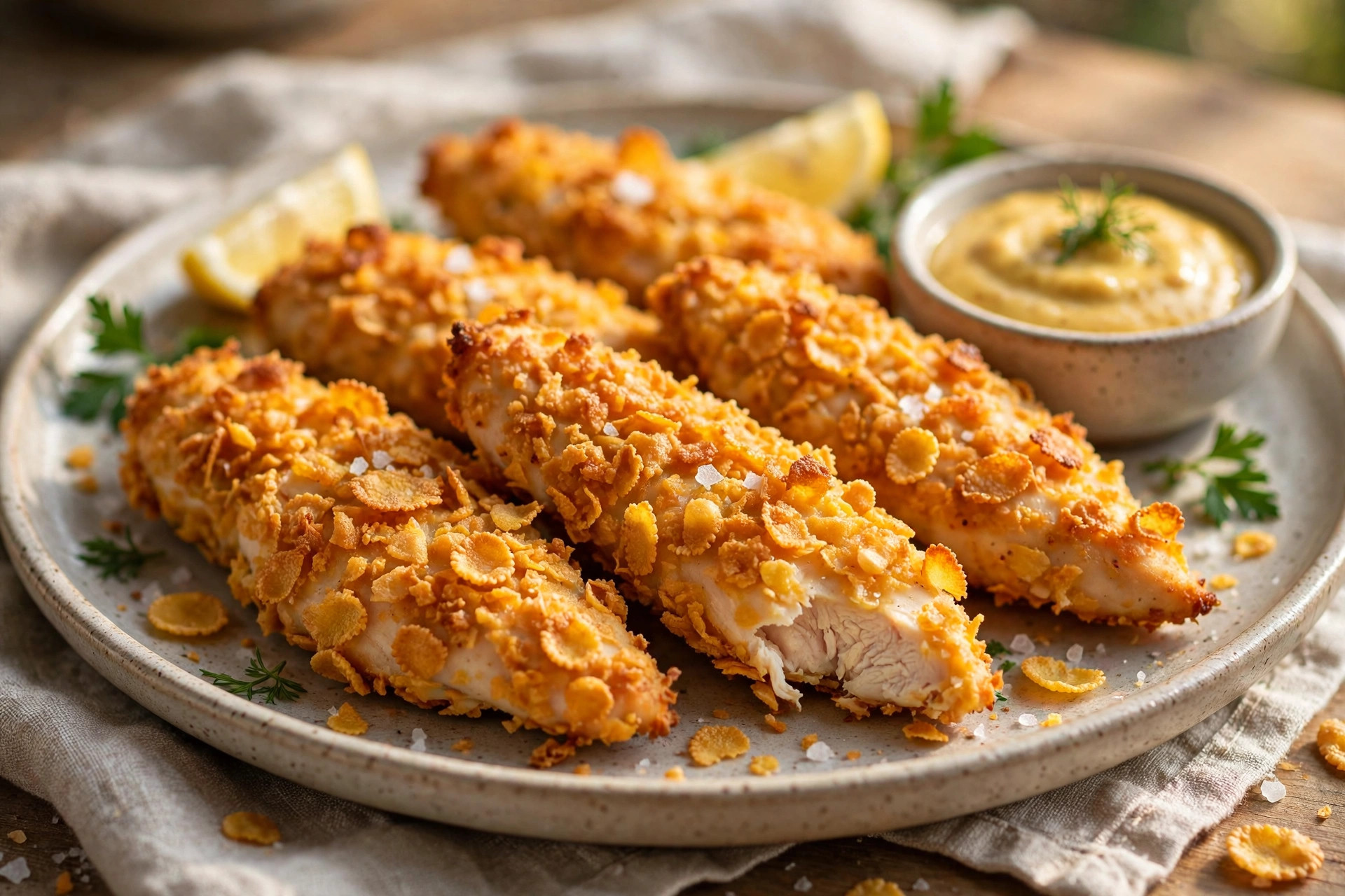 Golden baked chicken strips with a crunchy cornflake coating, served with a garlicky sour cream dipping sauce