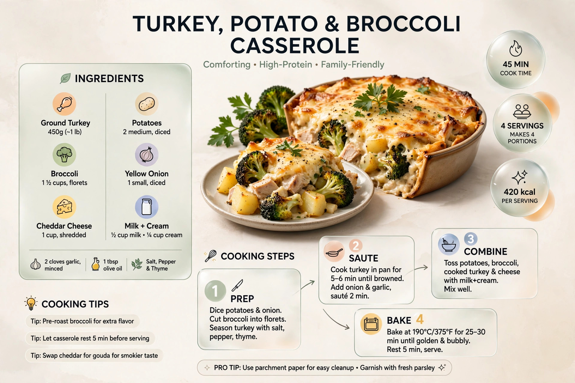 Recipe infographic: Turkey, Potato and Broccoli Casserole — ingredients and step-by-step visual guide