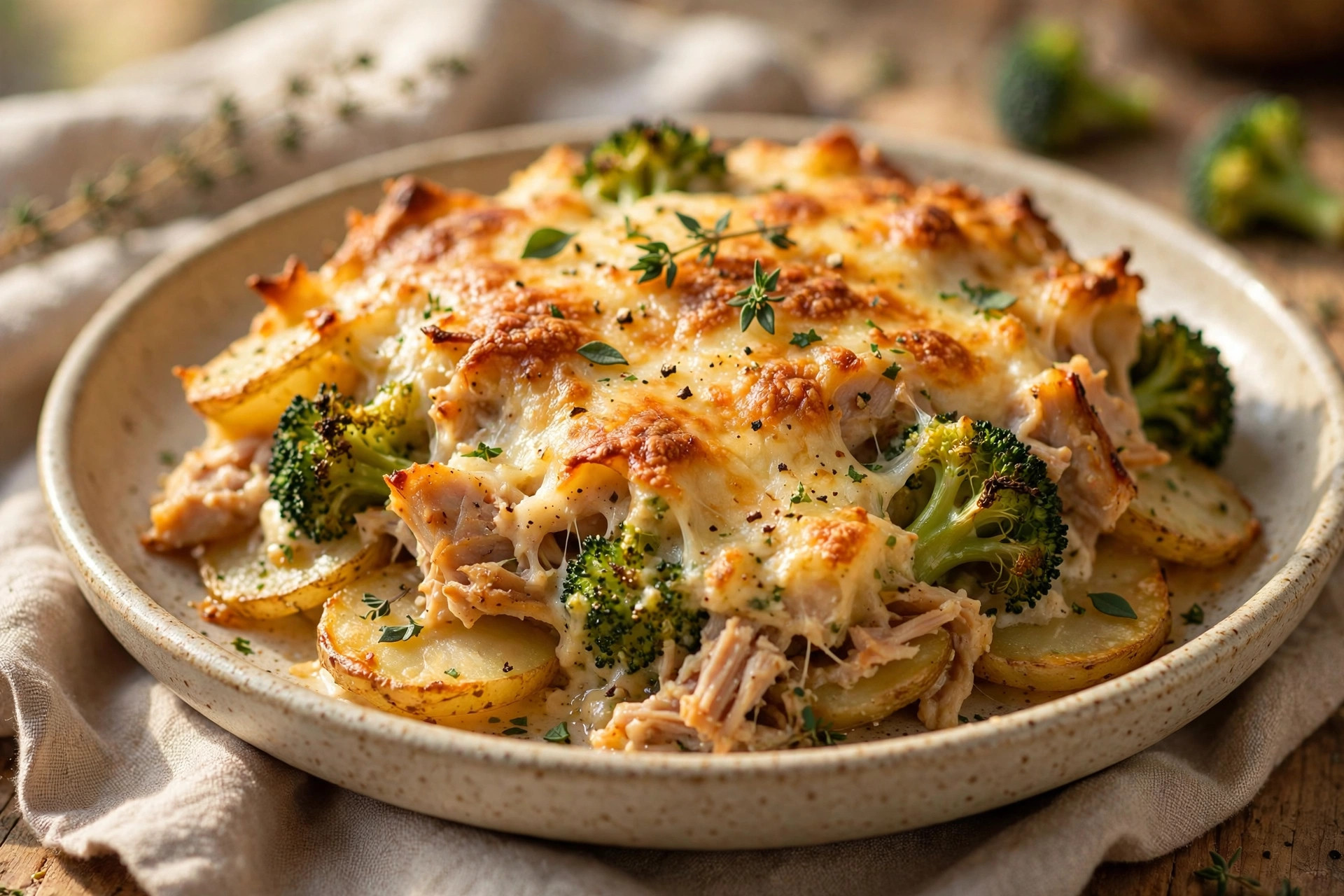 Baked turkey, potato, and broccoli casserole with a golden melted cheese topping, served in a baking dish