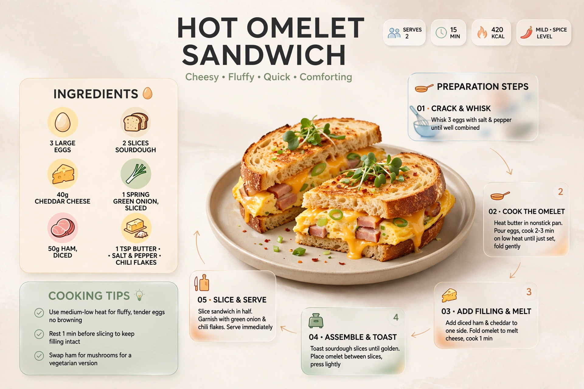 Recipe infographic: Hot Omelet Sandwich — ingredients and step-by-step visual guide