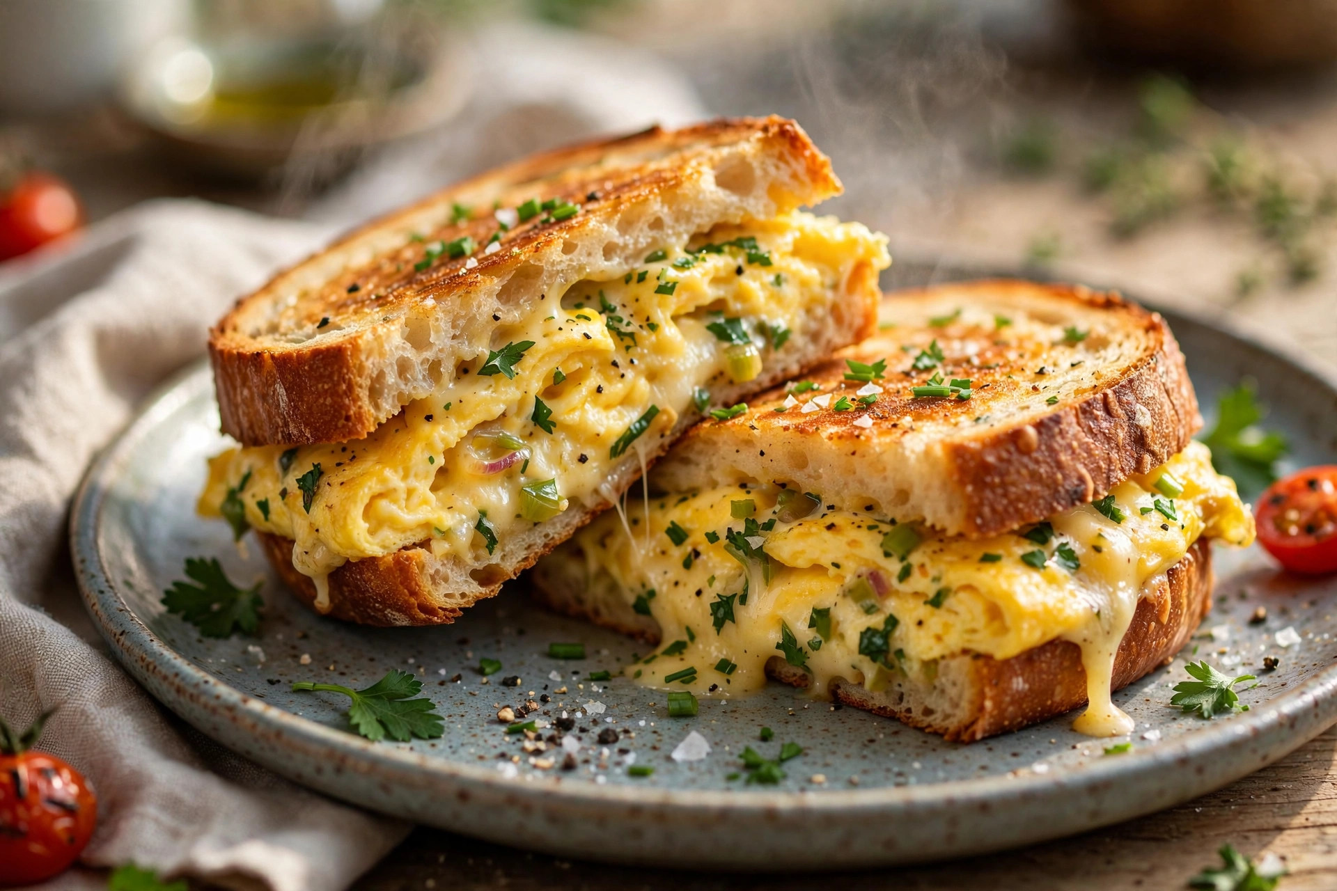Golden hot omelet sandwich with melted cheese, tomato, sausage, and fresh spinach, cut in half