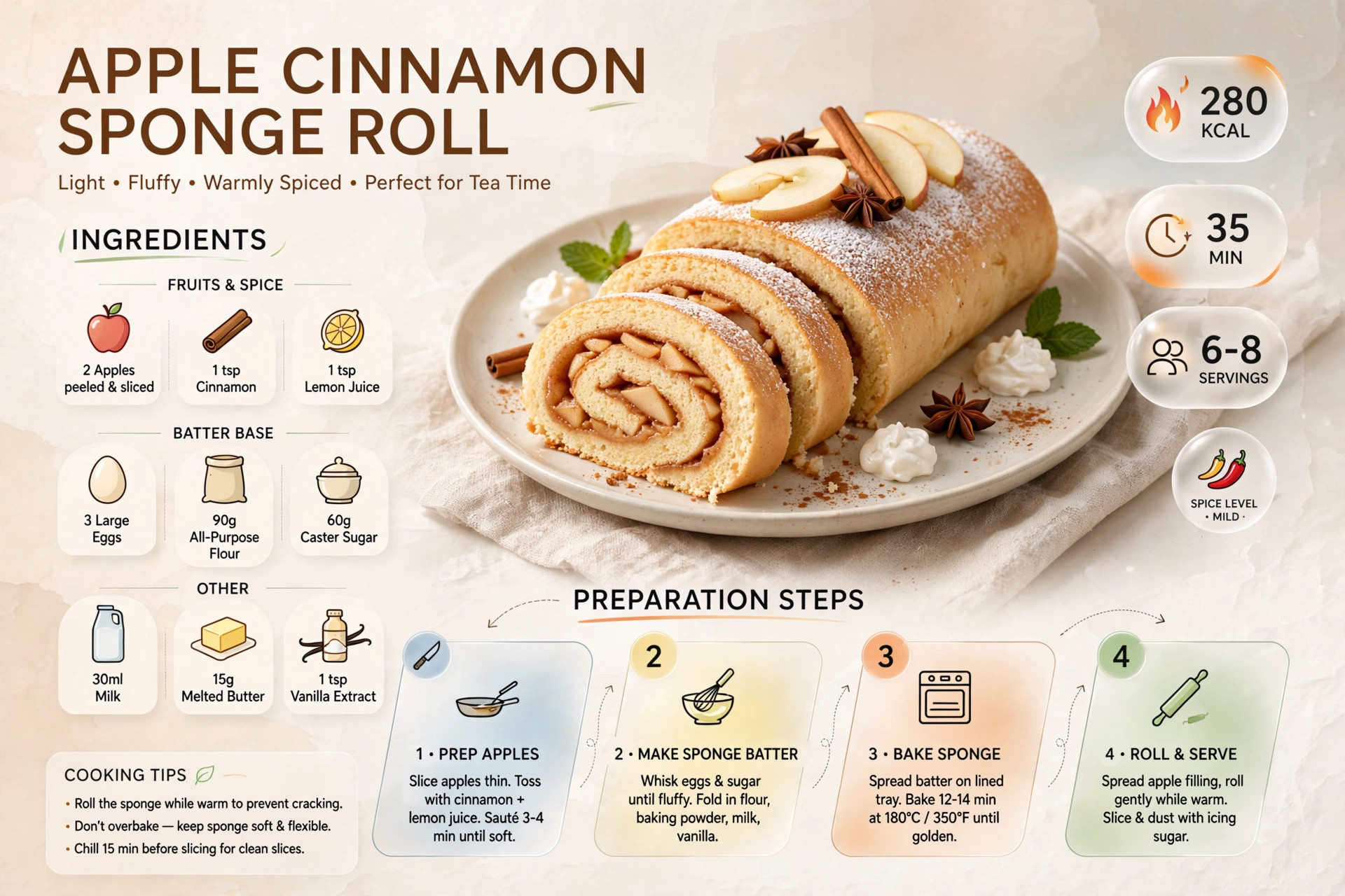 Recipe infographic: Apple Cinnamon Sponge Roll — ingredients and step-by-step visual guide