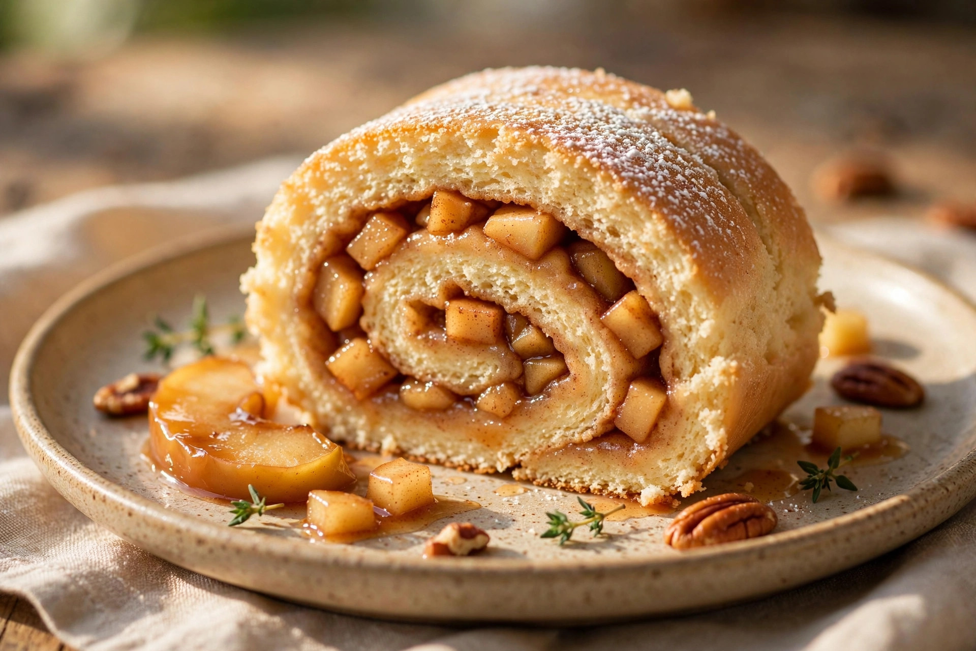 Sliced apple cinnamon sponge roll showing the swirl of sponge cake and cinnamon-spiced apple filling