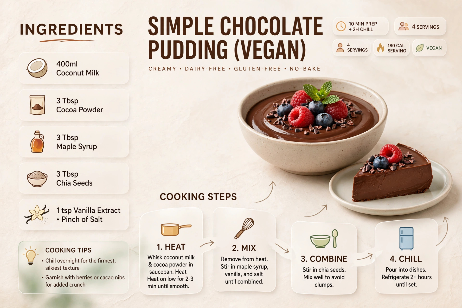 Recipe infographic: Simple Chocolate Pudding (Vegan) — ingredients and step-by-step visual guide