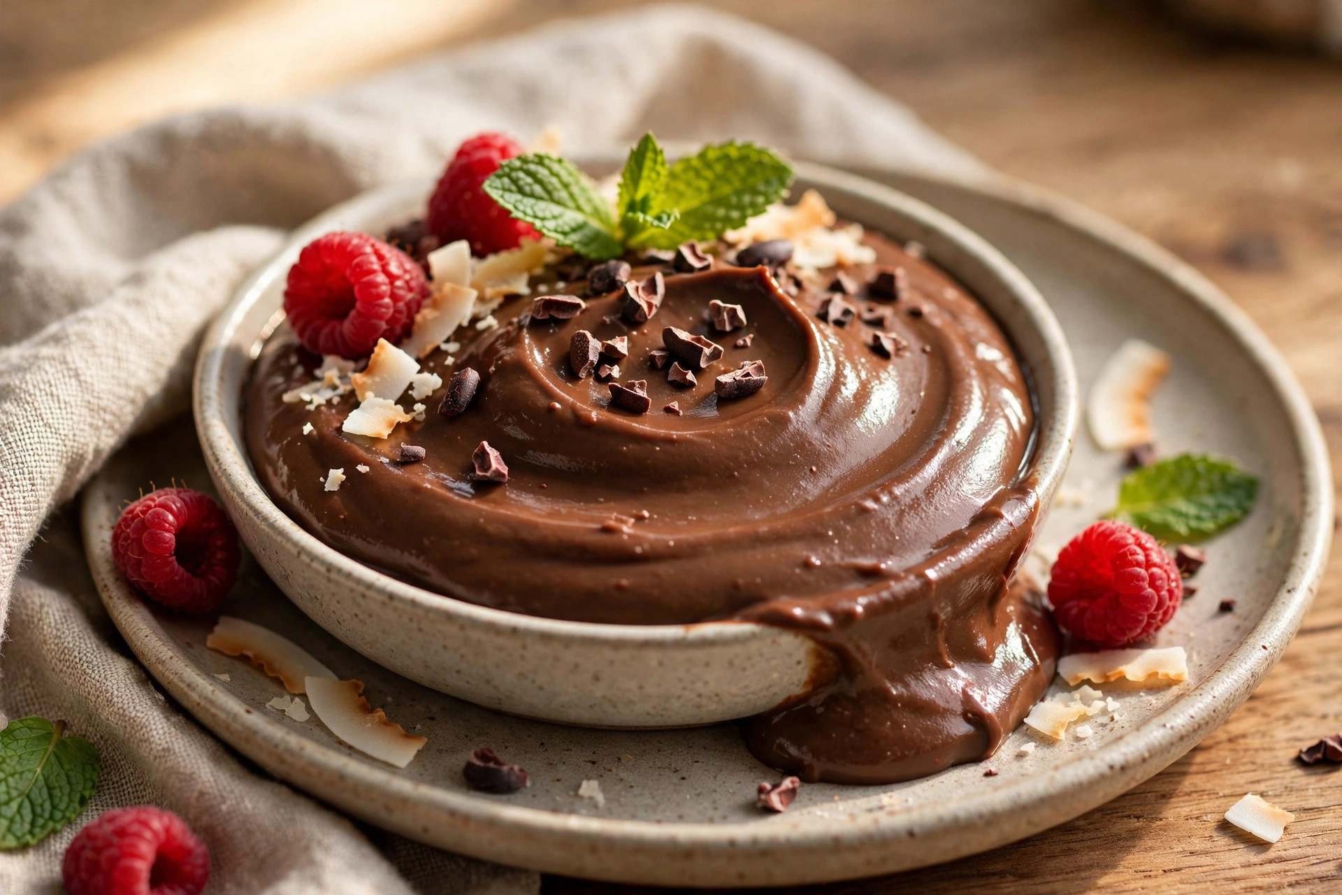 Glossy vegan chocolate pudding in a serving dish, ready to be topped and served