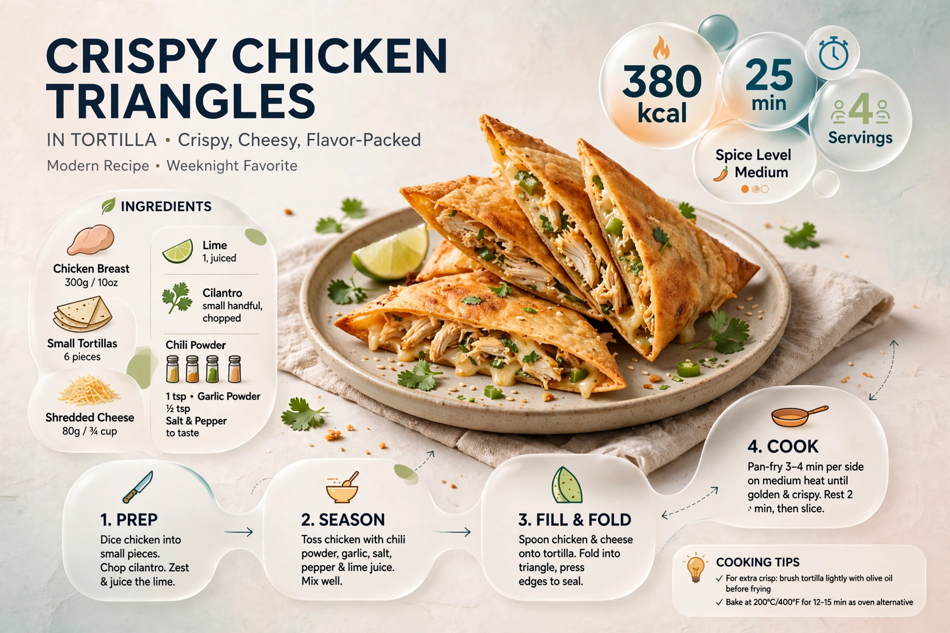 Recipe infographic: Crispy Chicken Triangles in Tortilla — ingredients and step-by-step visual guide