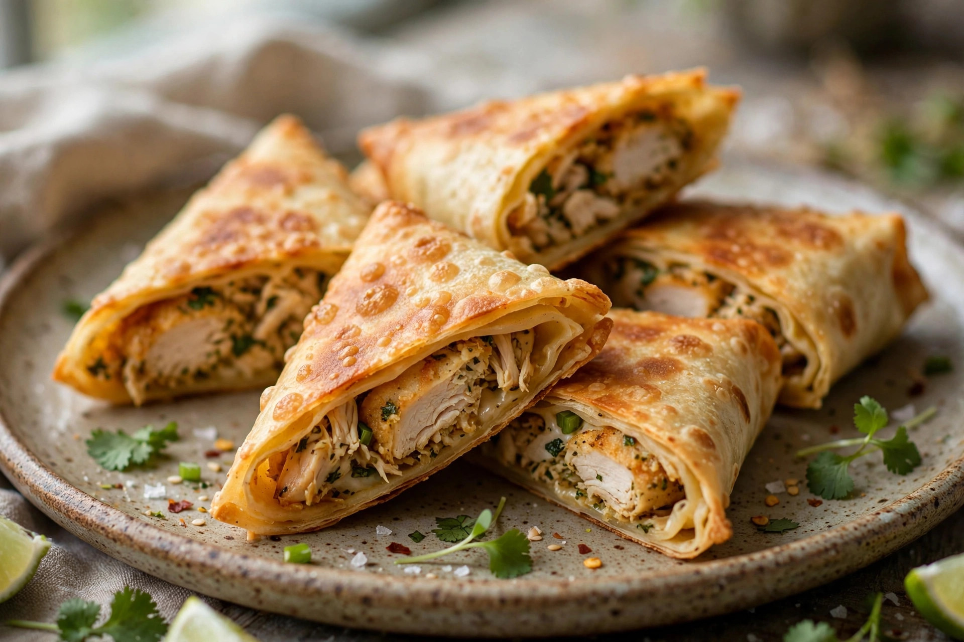 Golden crispy chicken triangles made with tortilla, stacked on a plate