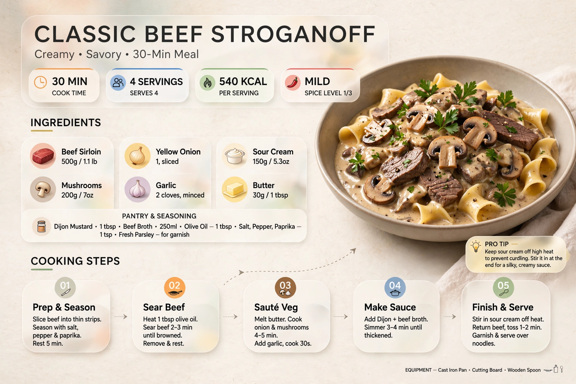 Recipe infographic: Classic Beef Stroganoff — ingredients and step-by-step visual guide