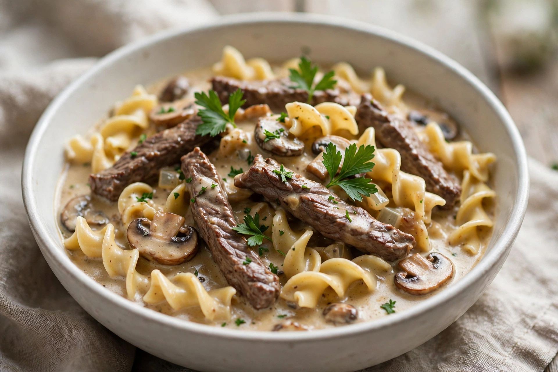 Creamy classic beef stroganoff with tender beef strips served over mashed potatoes