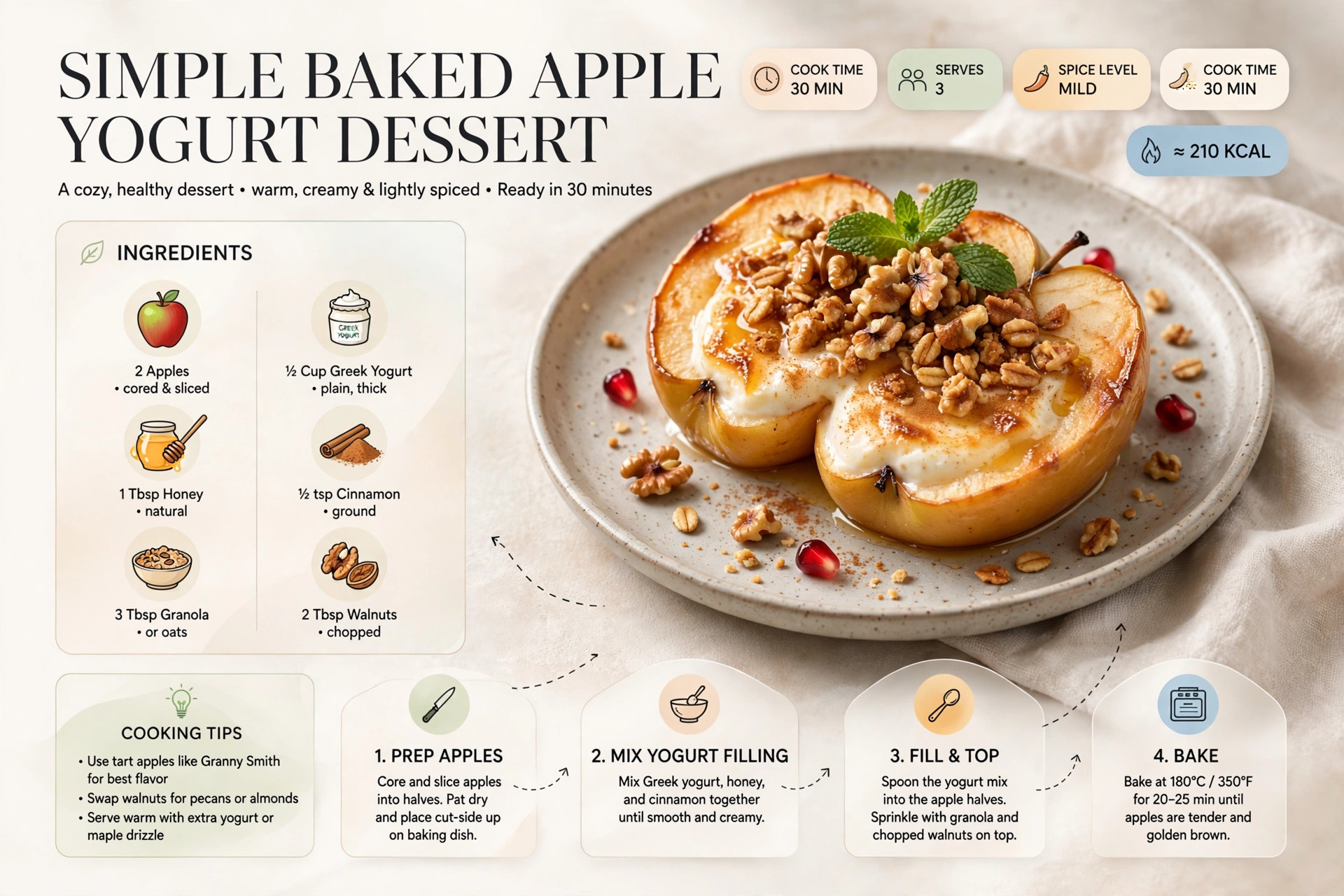 Recipe infographic: Simple Baked Apple Yogurt Dessert — ingredients and step-by-step visual guide