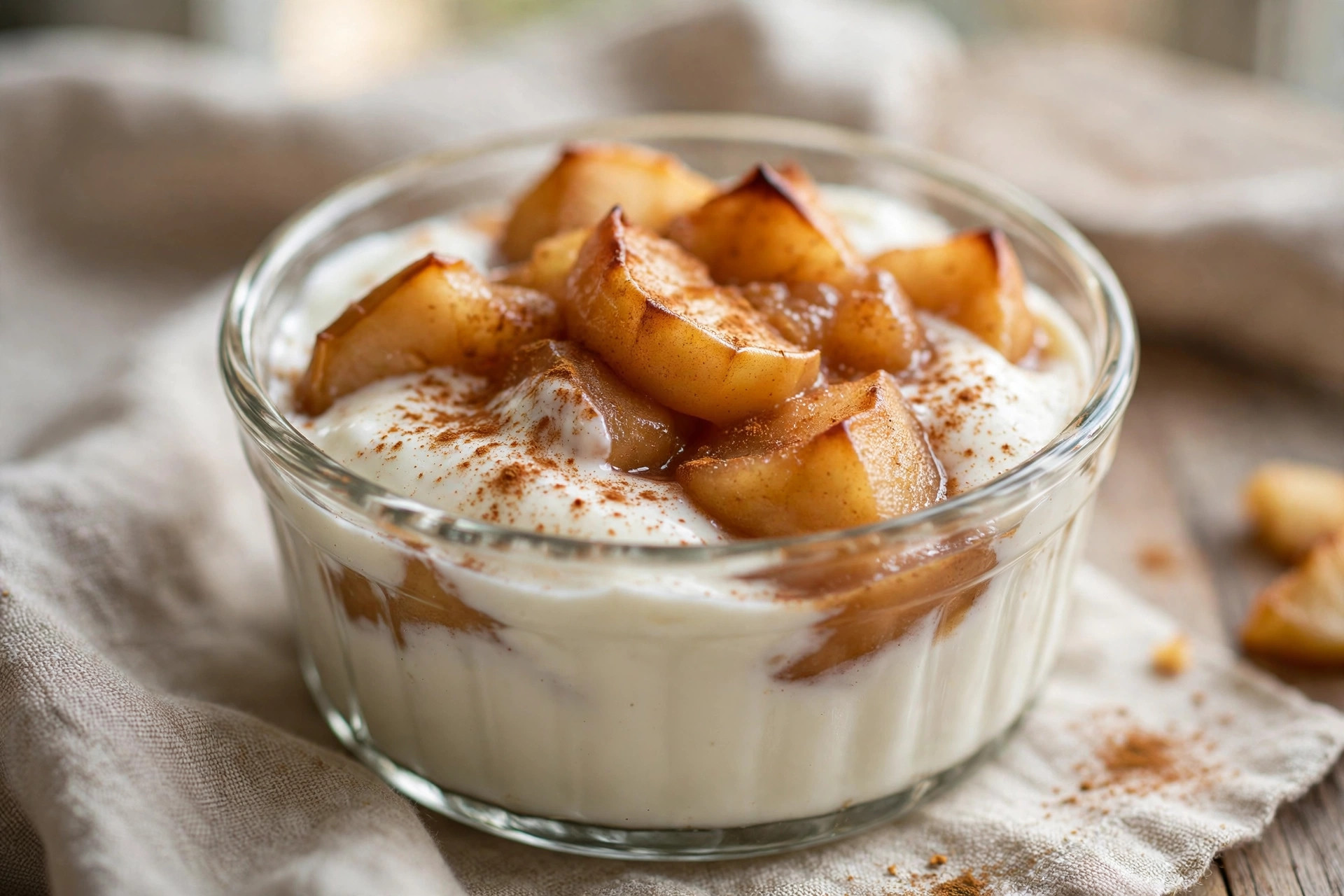 Slices of light baked apple yogurt dessert with a golden top