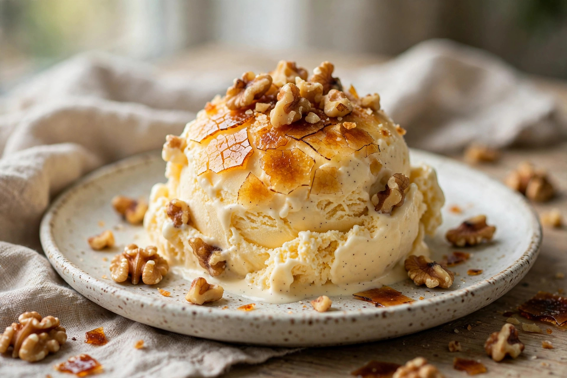 Creamy no-churn creme brulee ice cream with walnuts scooped into a bowl