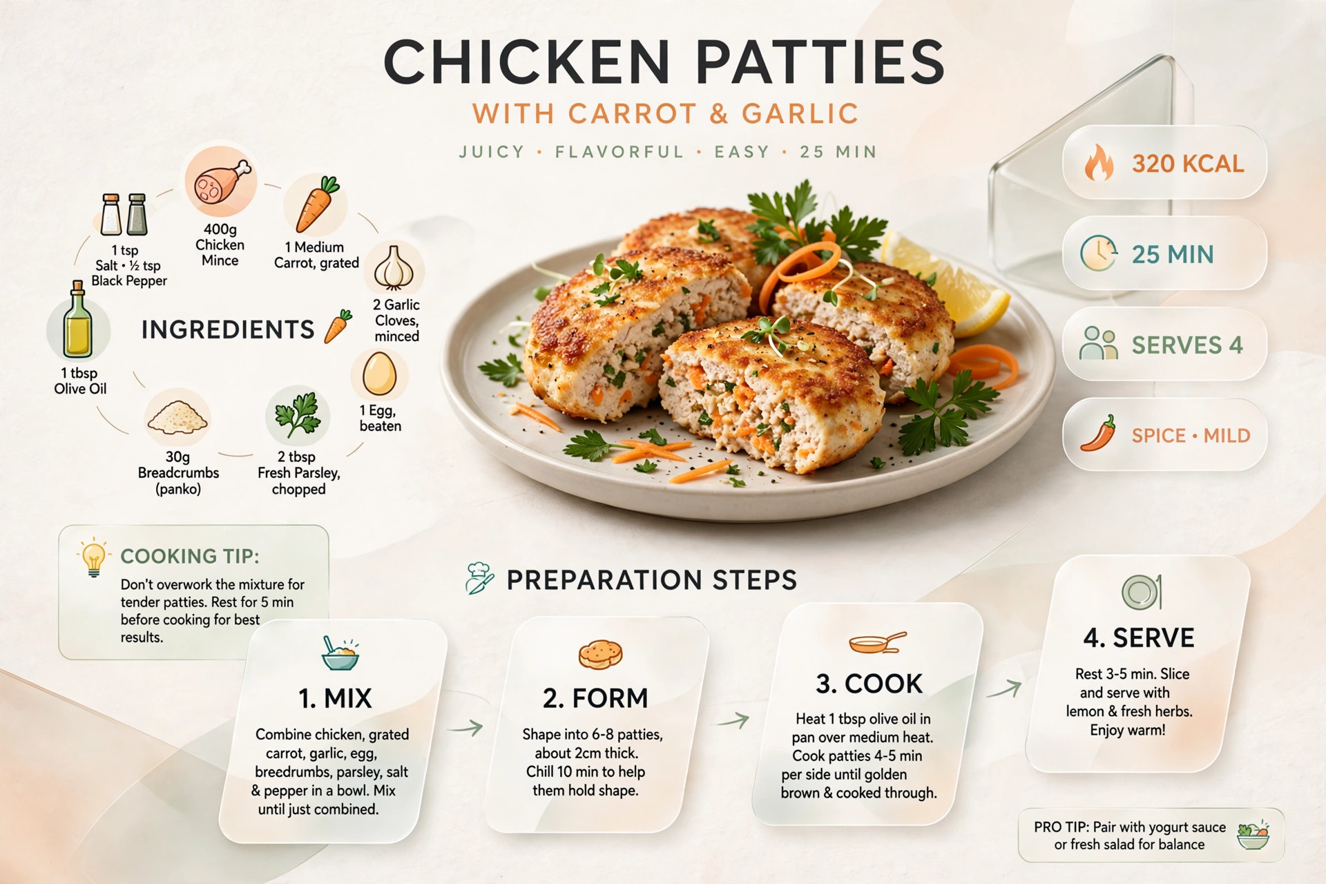 Recipe infographic: Chicken Patties with Carrot and Garlic — ingredients and step-by-step visual guide