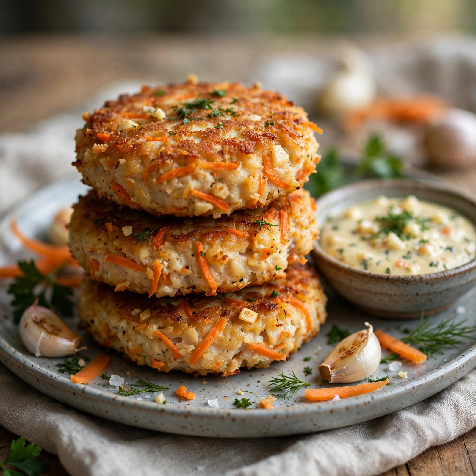 Golden chicken patties with carrot and garlic in a frying pan
