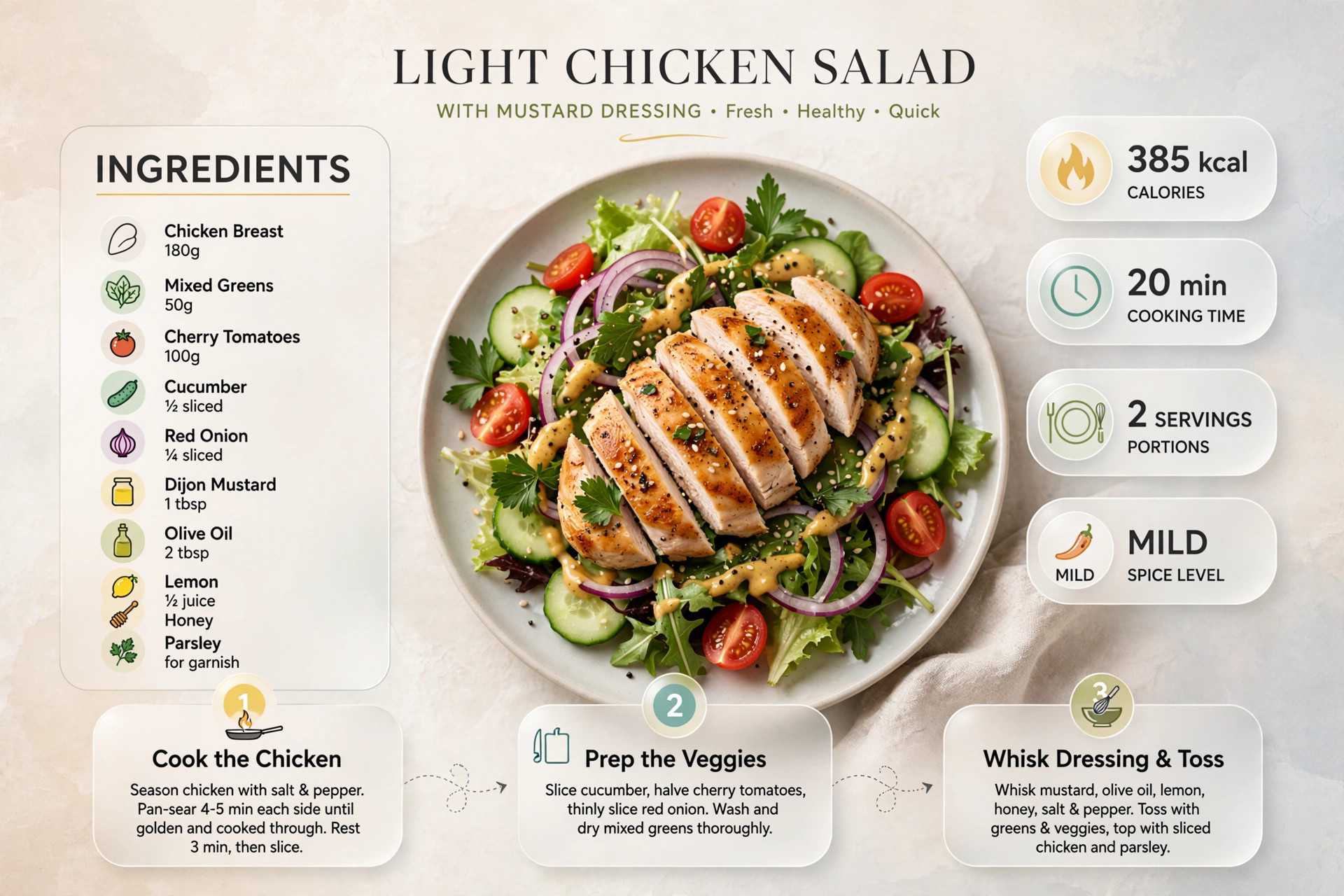 Recipe infographic: Light Chicken Salad with Mustard Dressing — ingredients and step-by-step visual guide