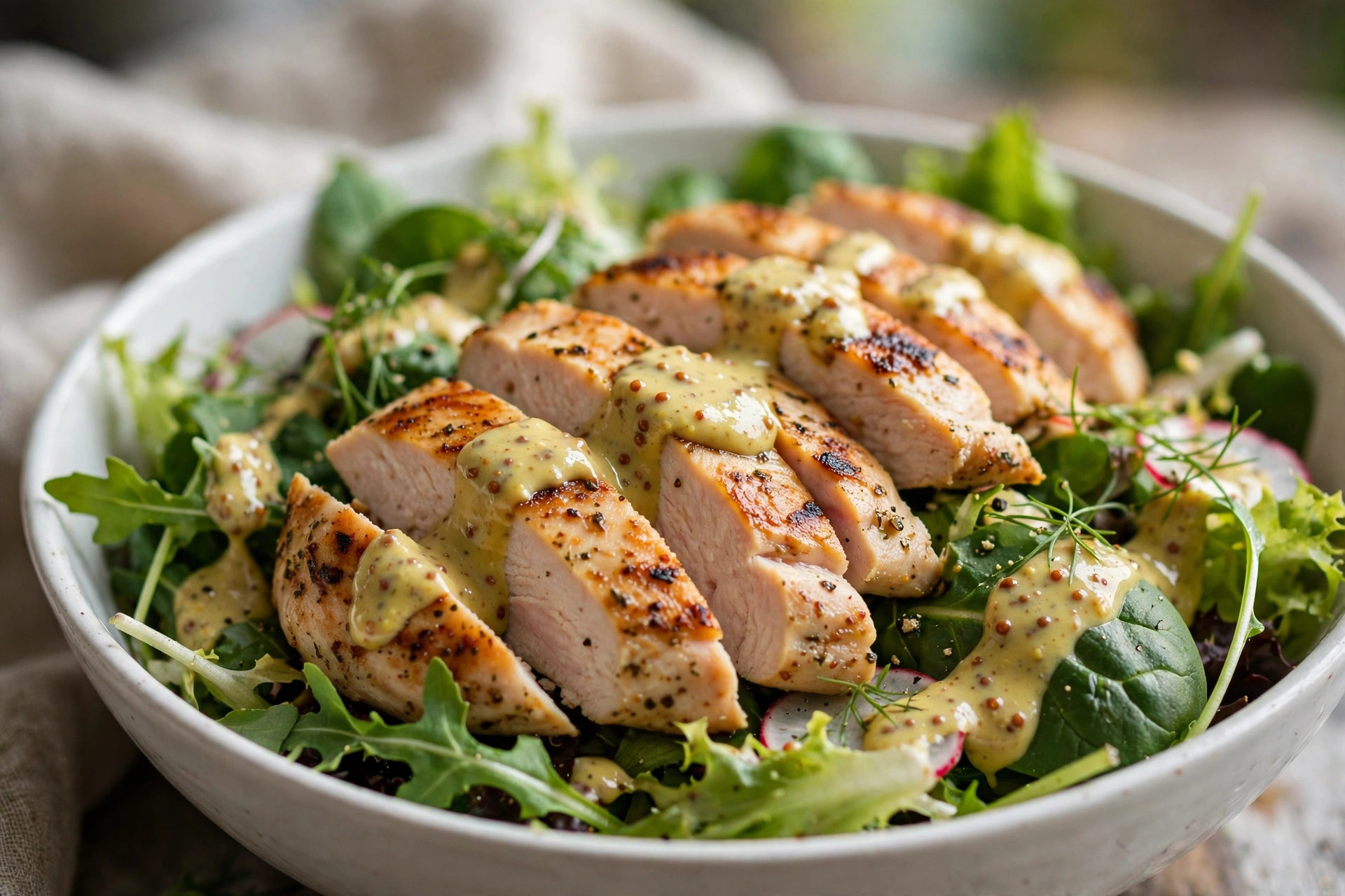 Light chicken salad with mustard dressing, lettuce, tomatoes, corn, and cheese