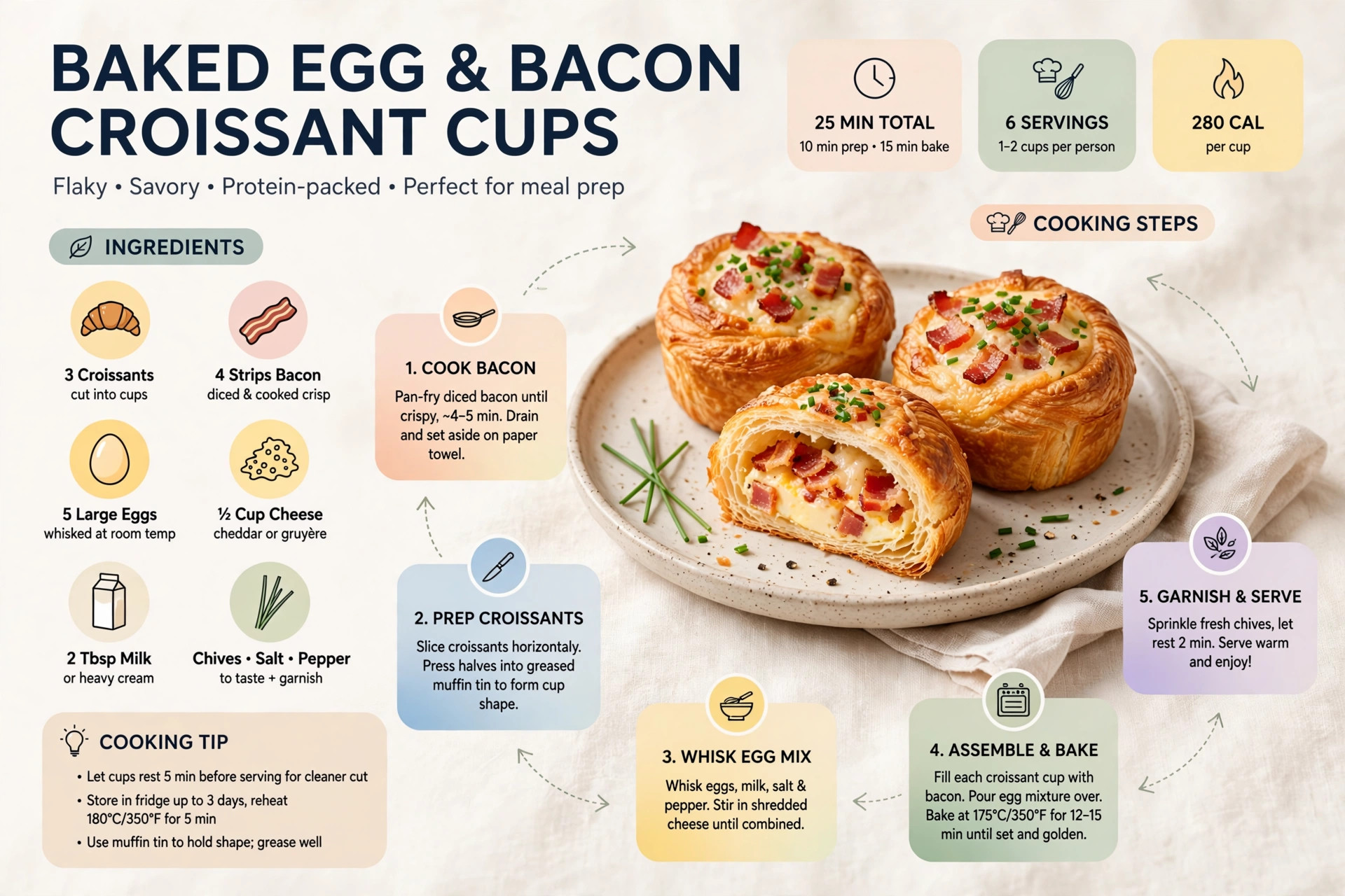 Recipe infographic: Baked Egg and Bacon Croissant Cups — ingredients and step-by-step visual guide