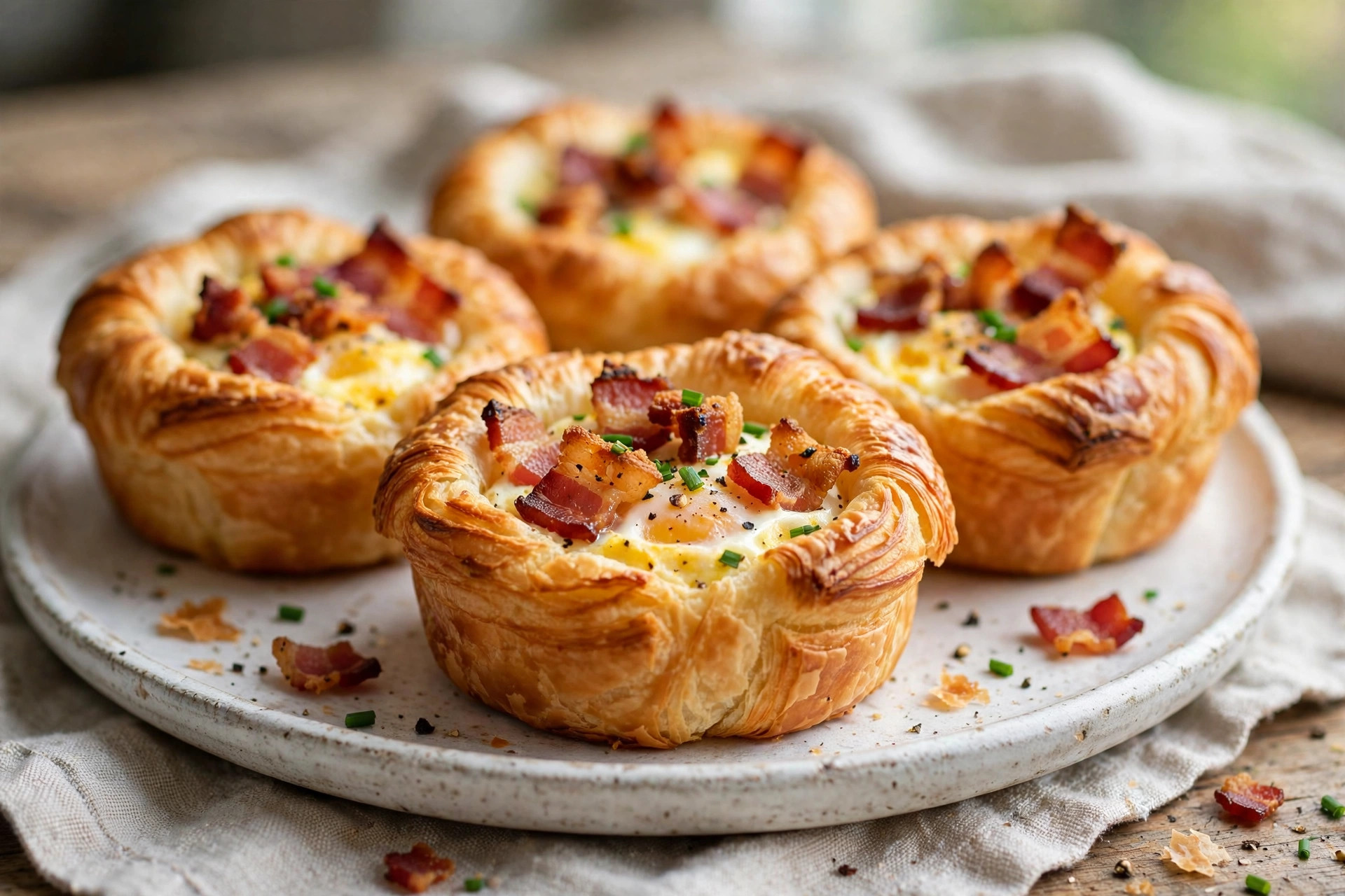 Golden baked croissant cups filled with egg, melted cheese, and crispy bacon, garnished with fresh herbs