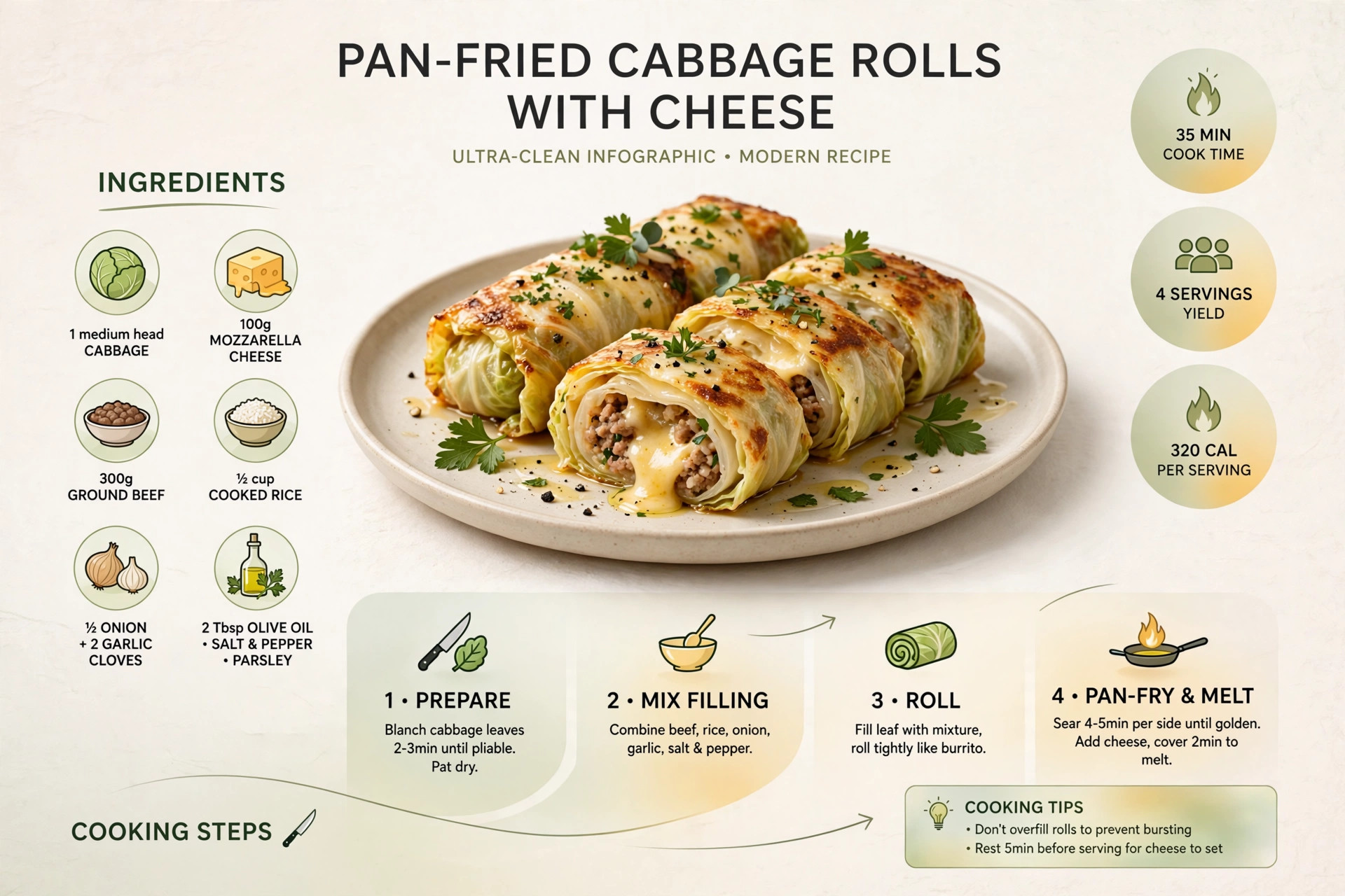 Recipe infographic: Pan-Fried Cabbage Rolls with Cheese — ingredients and step-by-step visual guide
