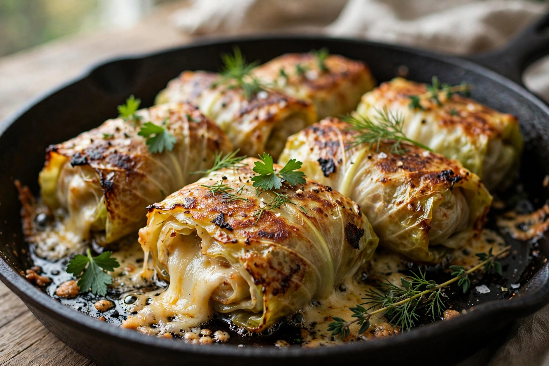 Golden pan-fried cabbage rolls with a cheesy meat filling, served on a plate