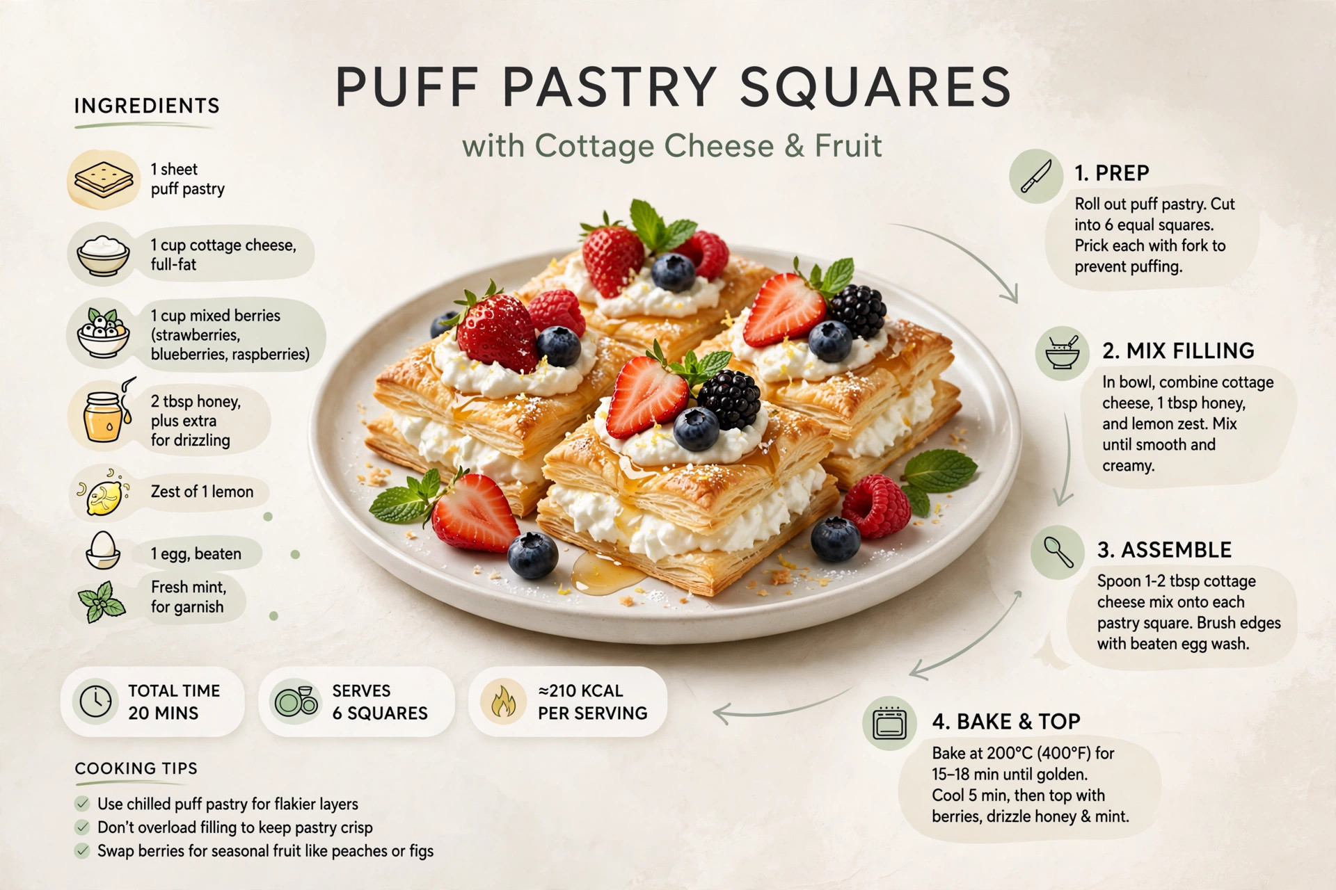 Recipe infographic: Puff Pastry Squares with Cottage Cheese and Fruit — ingredients and step-by-step visual guide