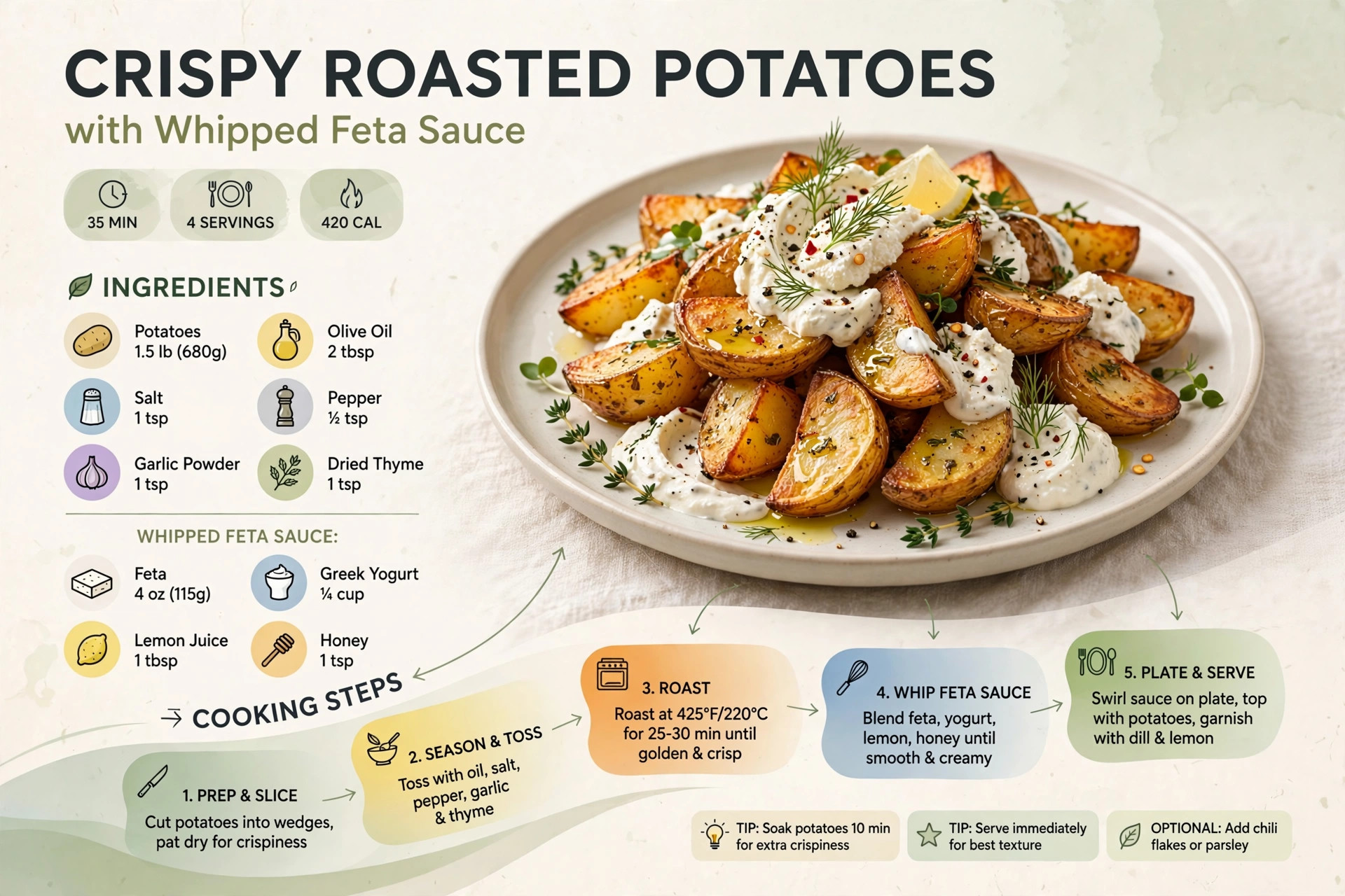 Recipe infographic: Crispy Roasted Potatoes with Whipped Feta Sauce — ingredients and step-by-step visual guide