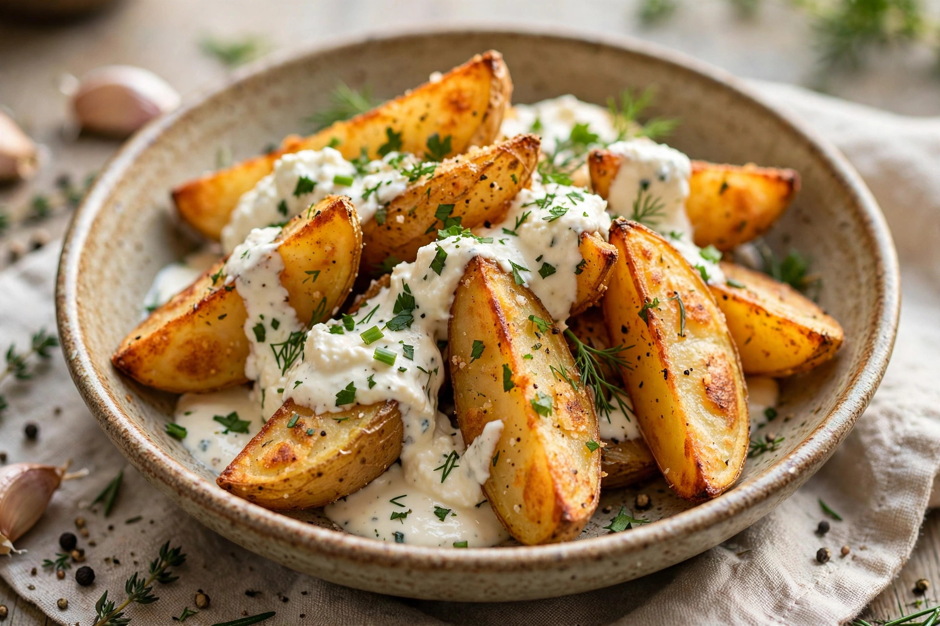 Crispy golden roasted potato wedges served with a bowl of fluffy whipped feta sauce