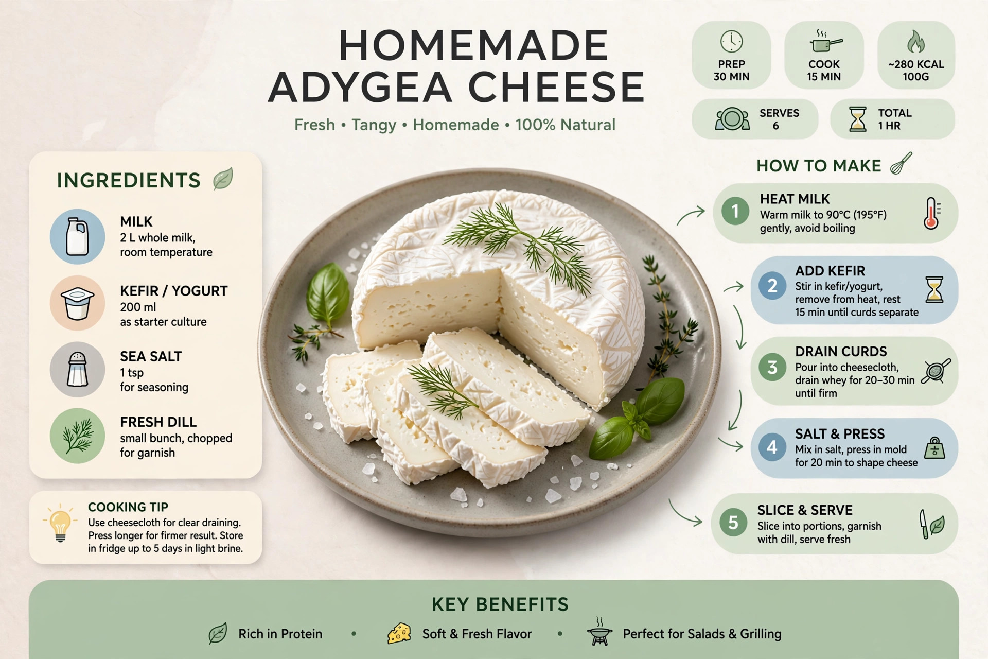 Recipe infographic: Homemade Adygea Cheese (3 Ingredients) — ingredients and step-by-step visual guide