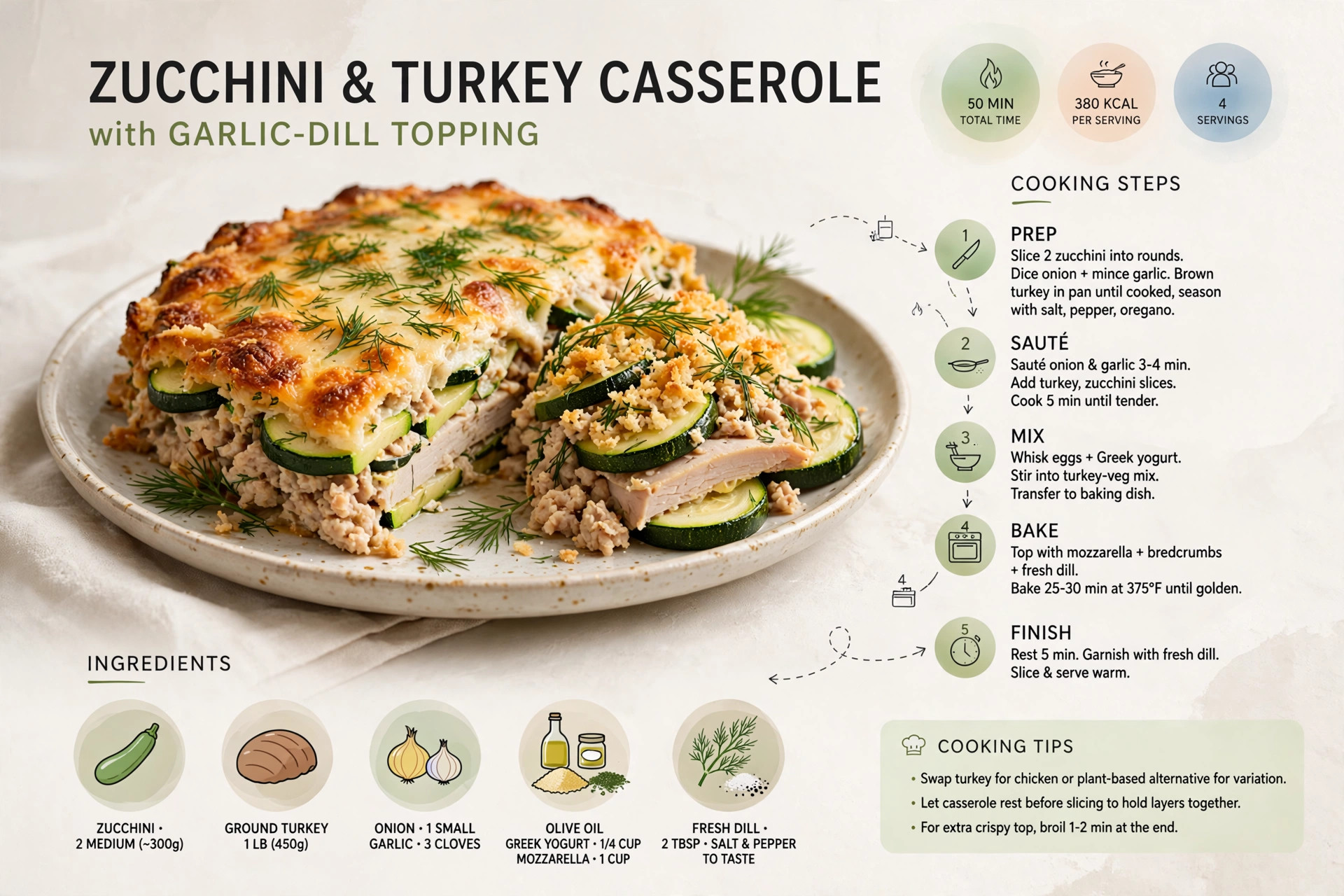 Recipe infographic: Zucchini and Turkey Casserole with Garlic-Dill Topping — ingredients and step-by-step visual guide